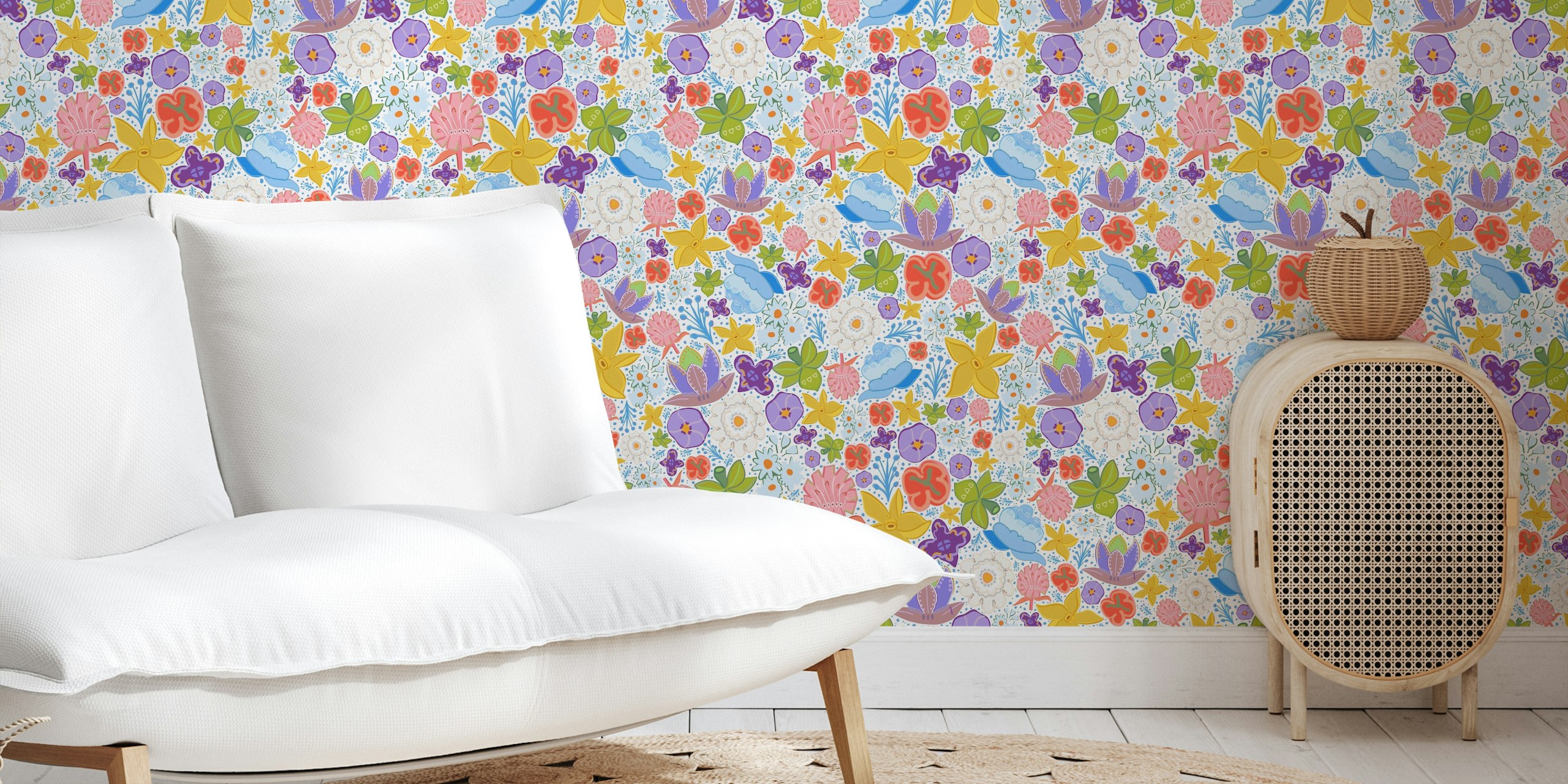Colorful abstract modern floral ditsy pattern wall mural with a mix of flowers and colors