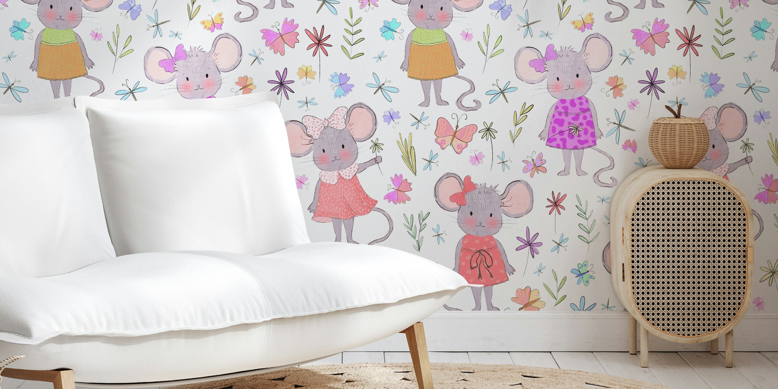 Colorful mice in dresses with flowers on a light background wallpaper