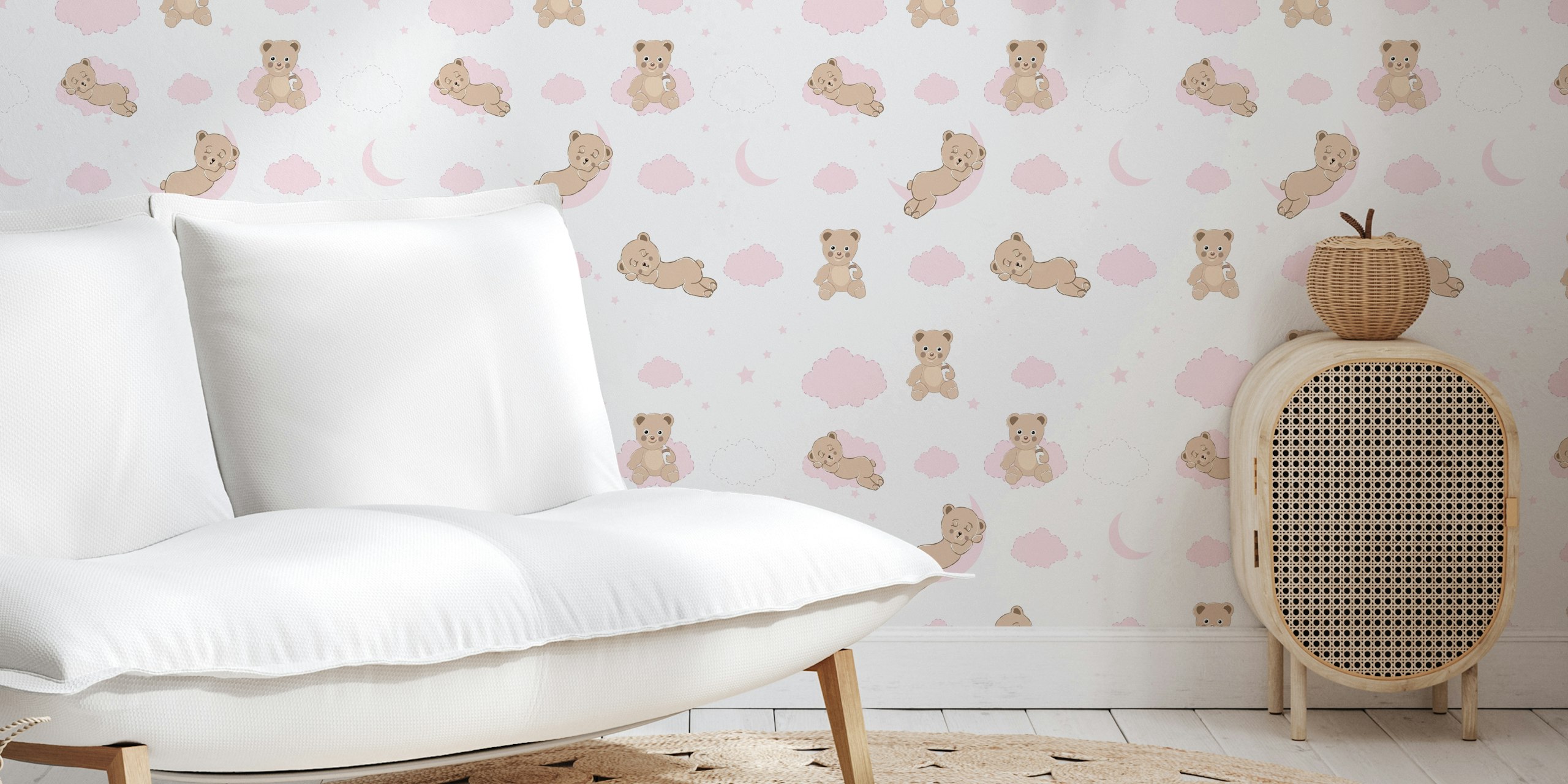 Cute bears and clouds pink wallpaper in a room
