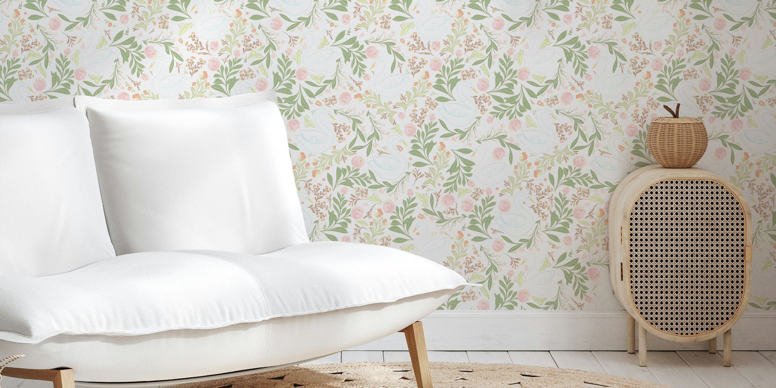 Papier peint Whimsical swans and florals dans une pièce