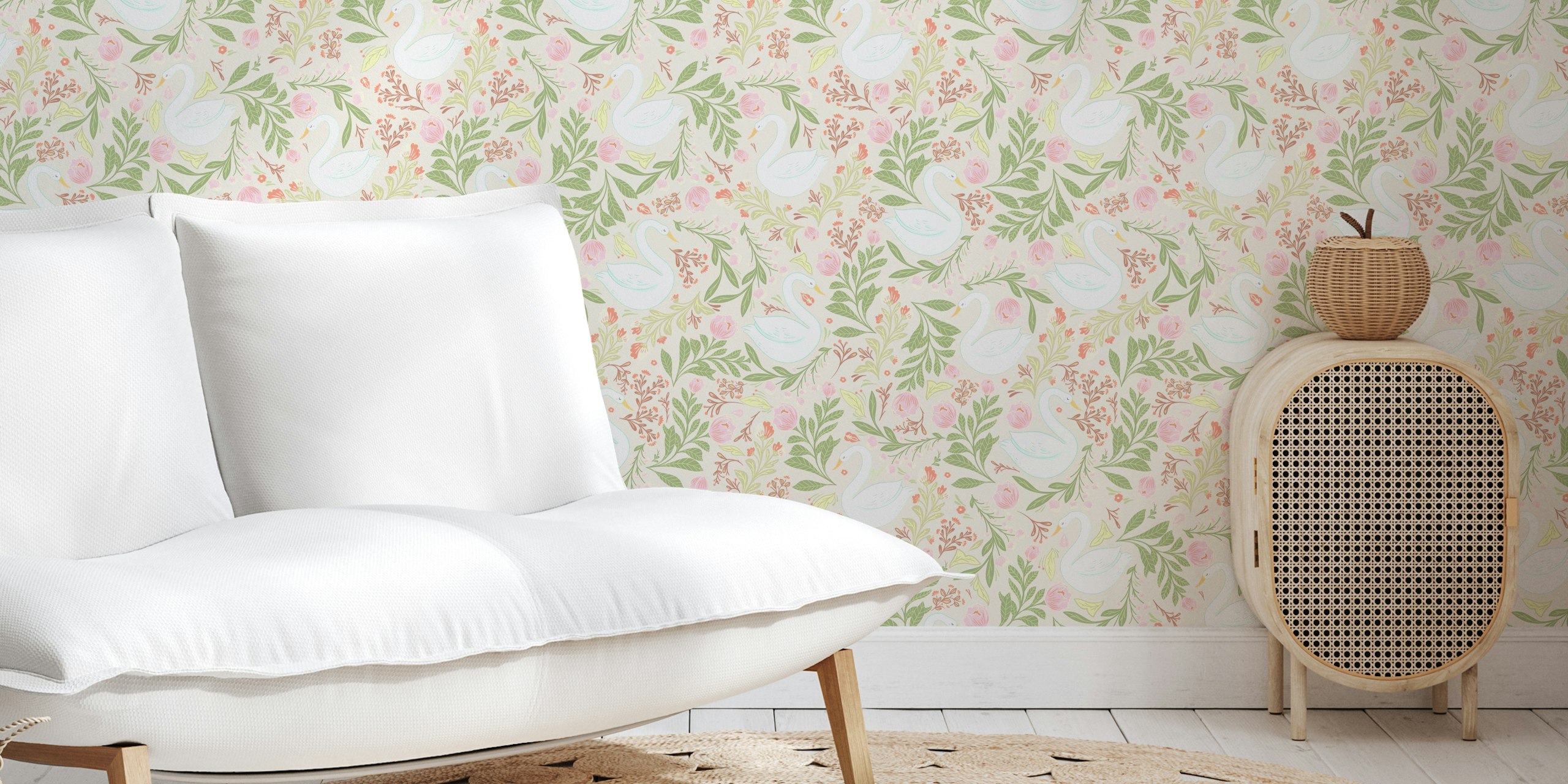 Whimsical swans and flower behang in de kamer