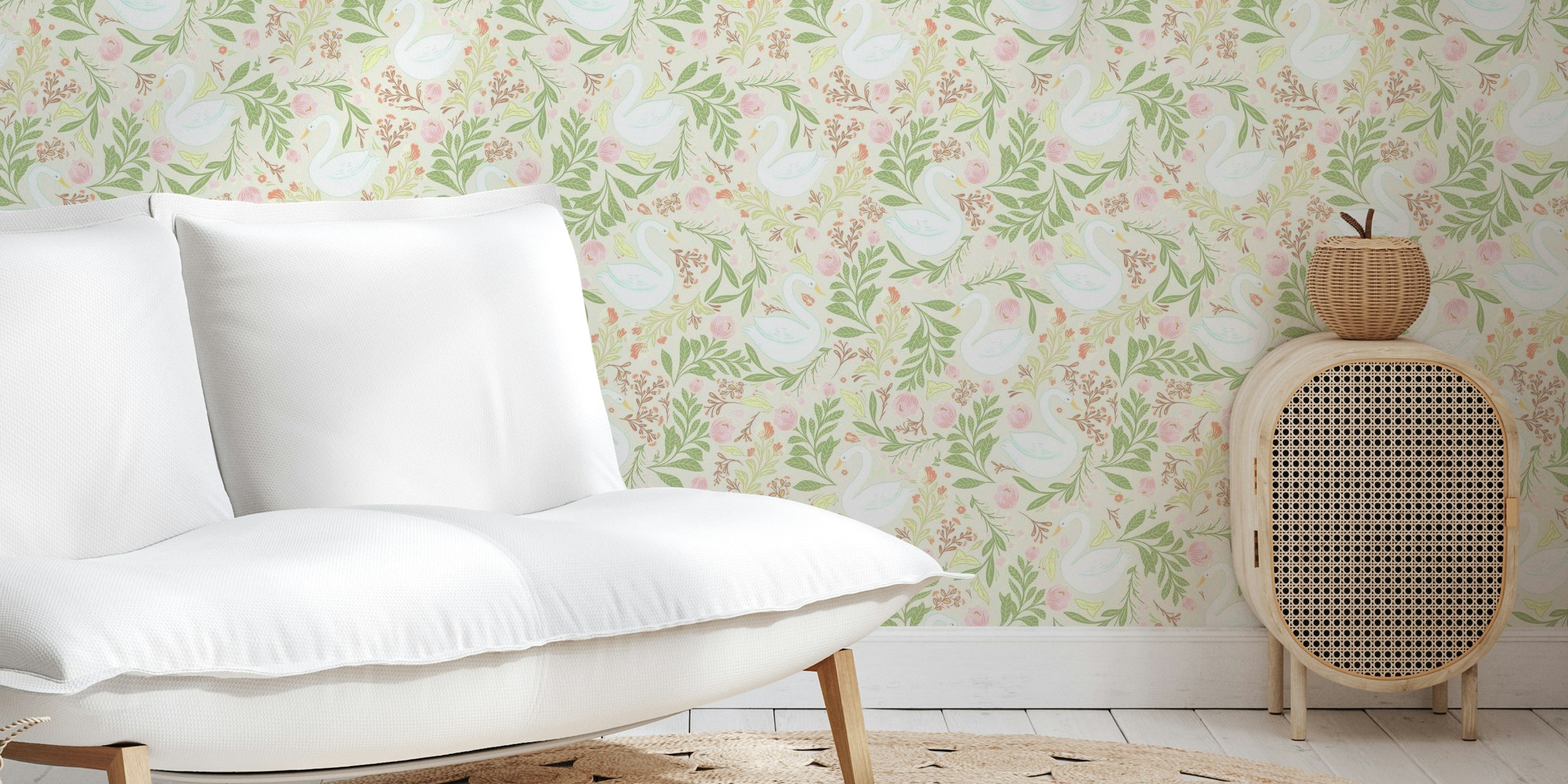 Whimsical swans and flower wallpaper
