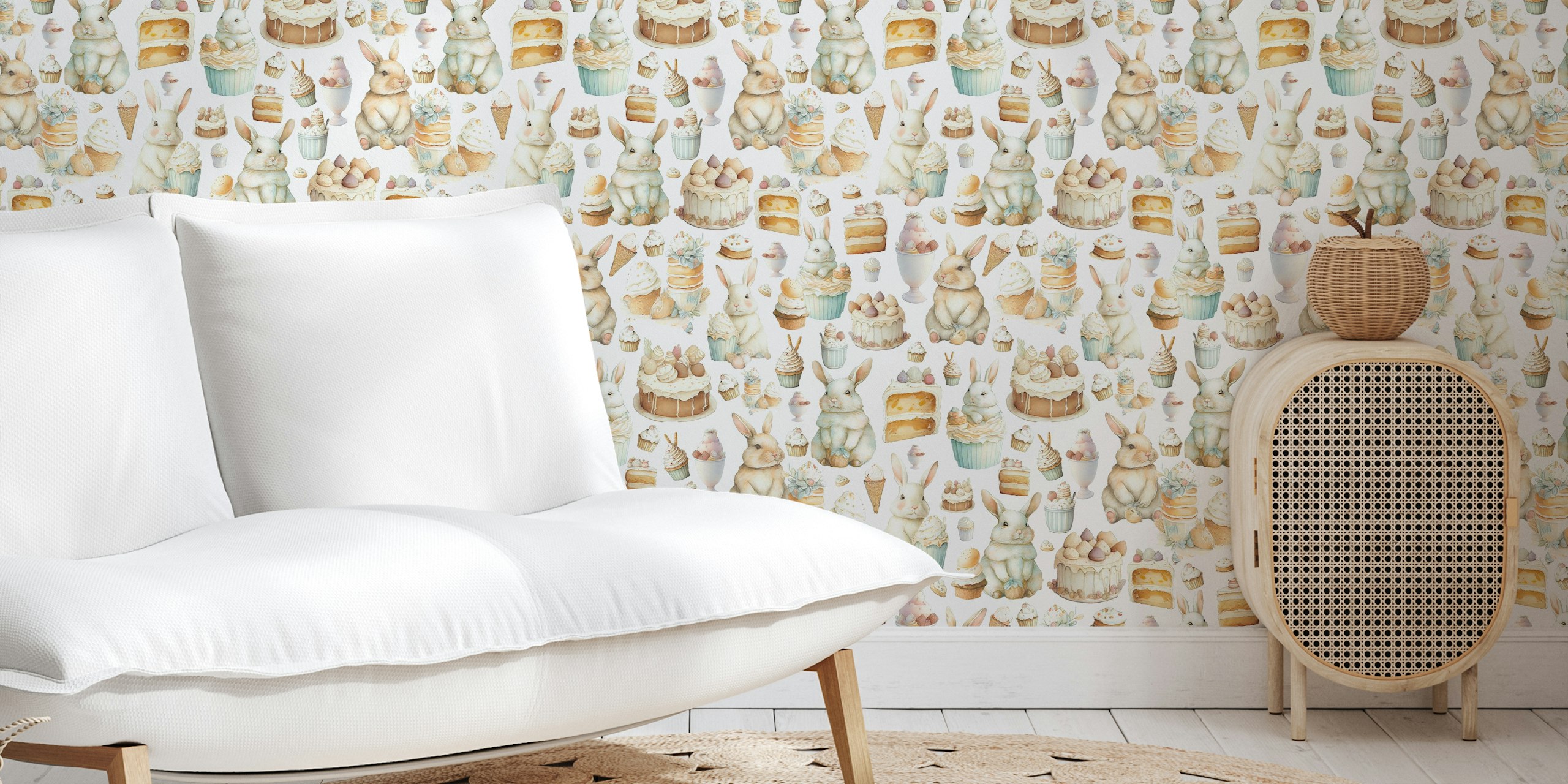 Cute bunnies and sweets pattern in pastel colors wallpaper