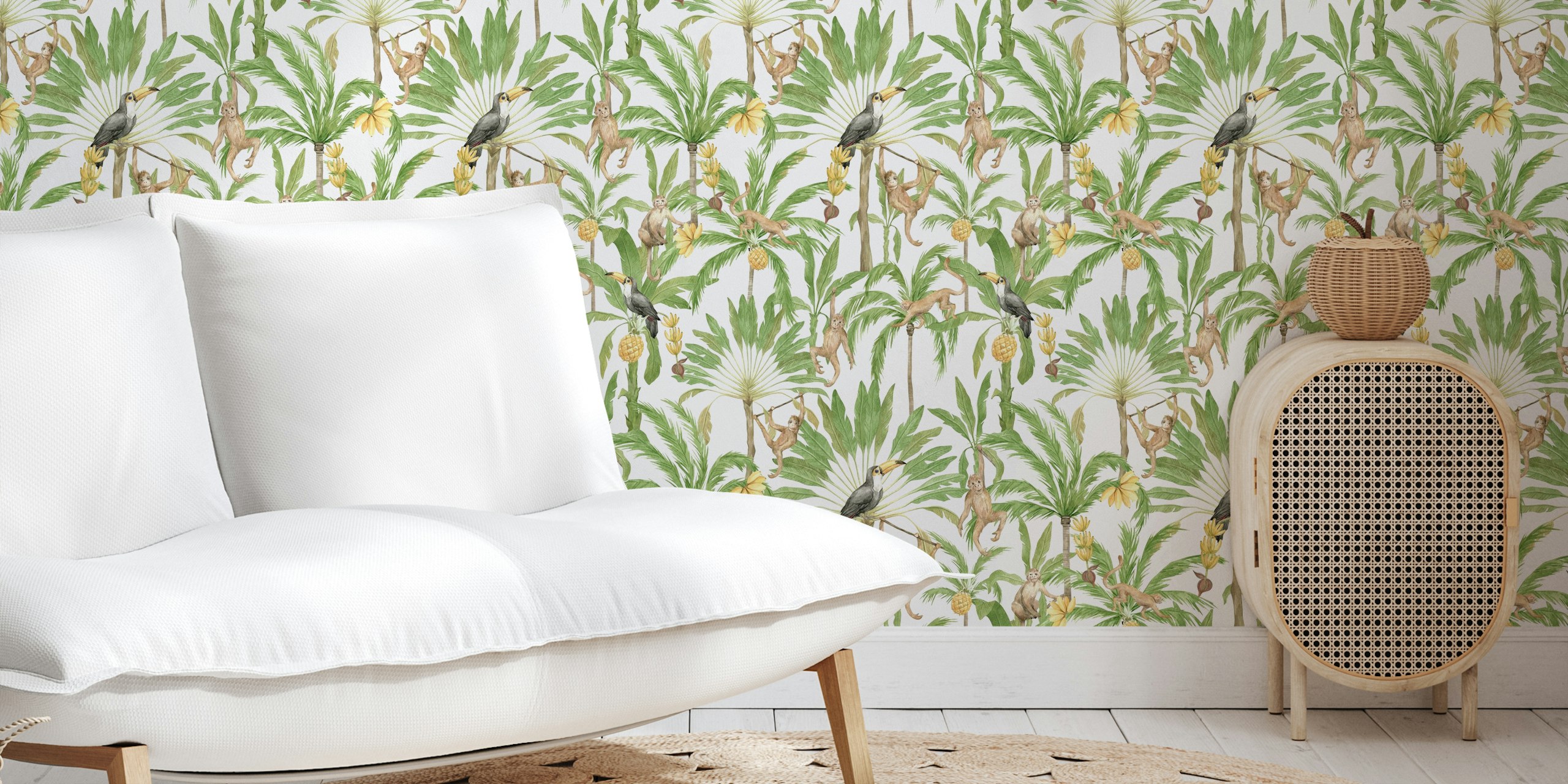 Tropical monkeys and toucans among palm leaves wallpaper