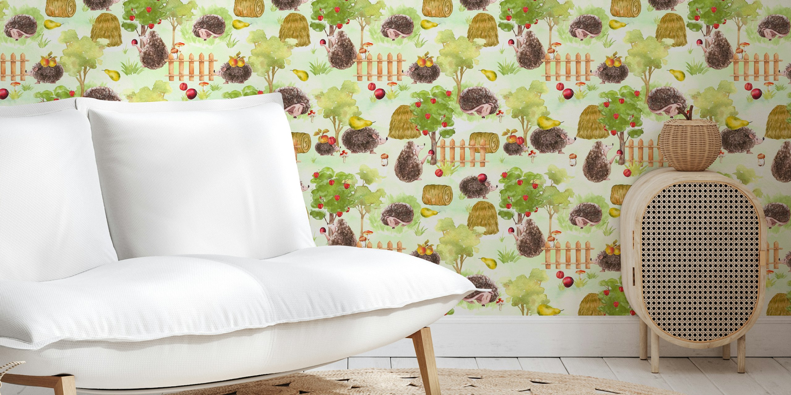 Papier peint mural hérissons cueillant des pommes aux couleurs pastel