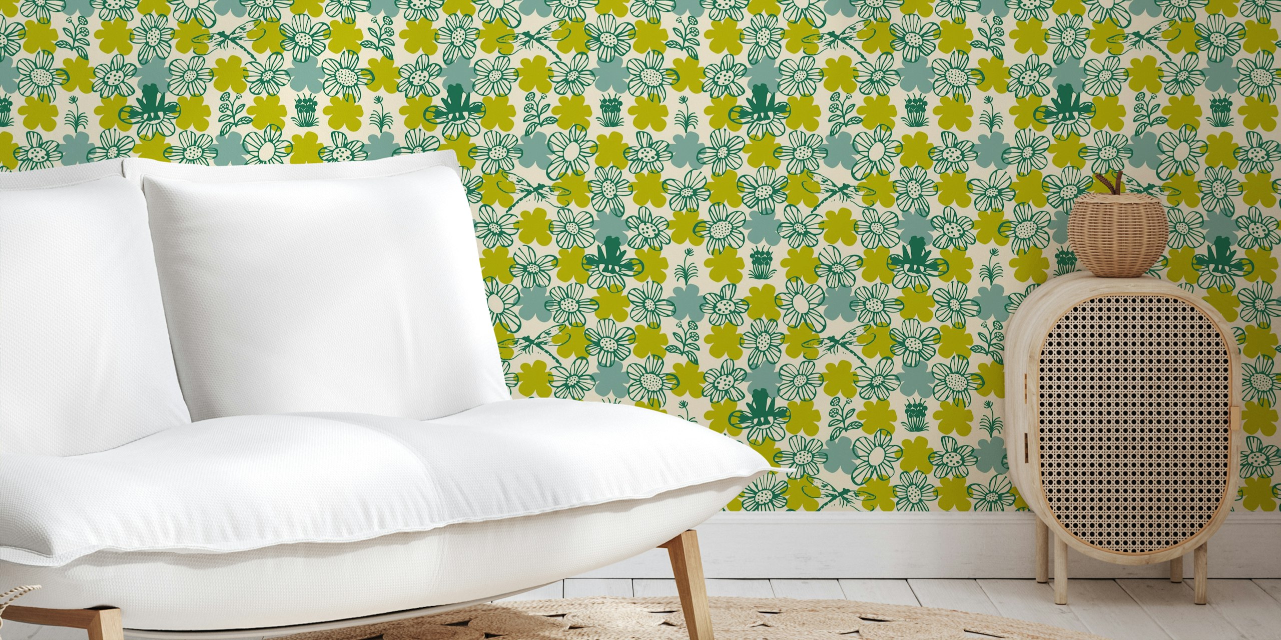 Papel tapiz Scandinavian green flowers with frogs en una habitación