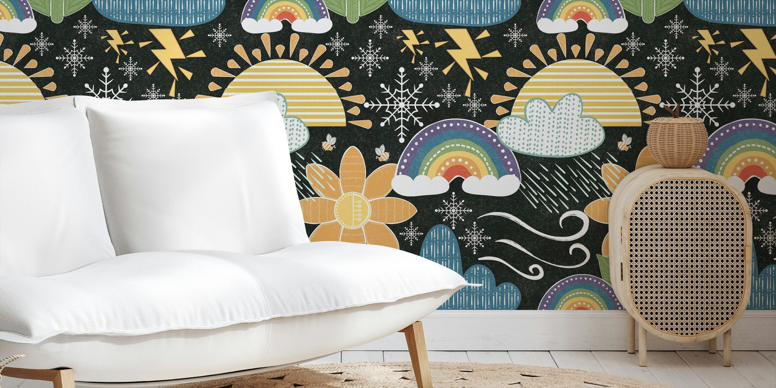 Colorful weather pattern wallpaper with clouds, flowers, rainbows, and snowflakes