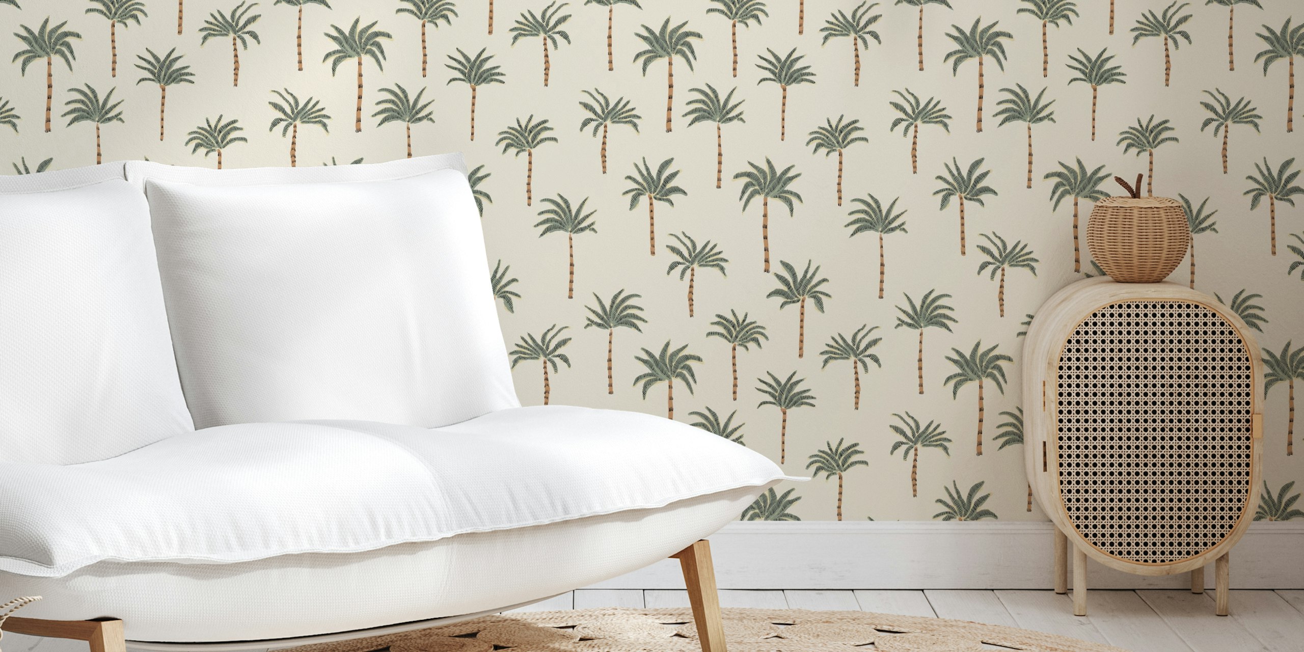 A pattern of soft green and brown palm trees on a cream wall mural background