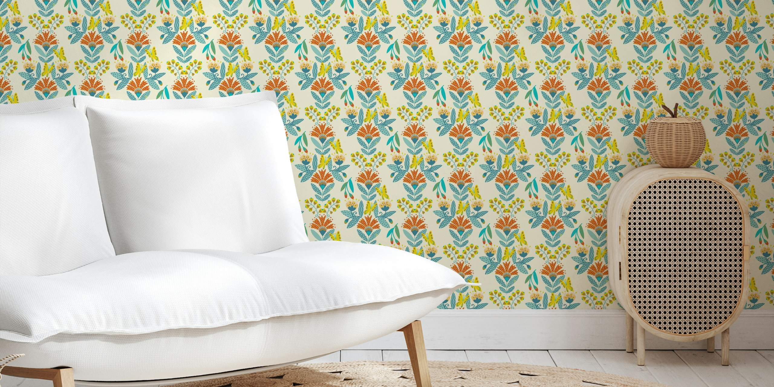 Scandi wonderland flowers behang in een kamer
