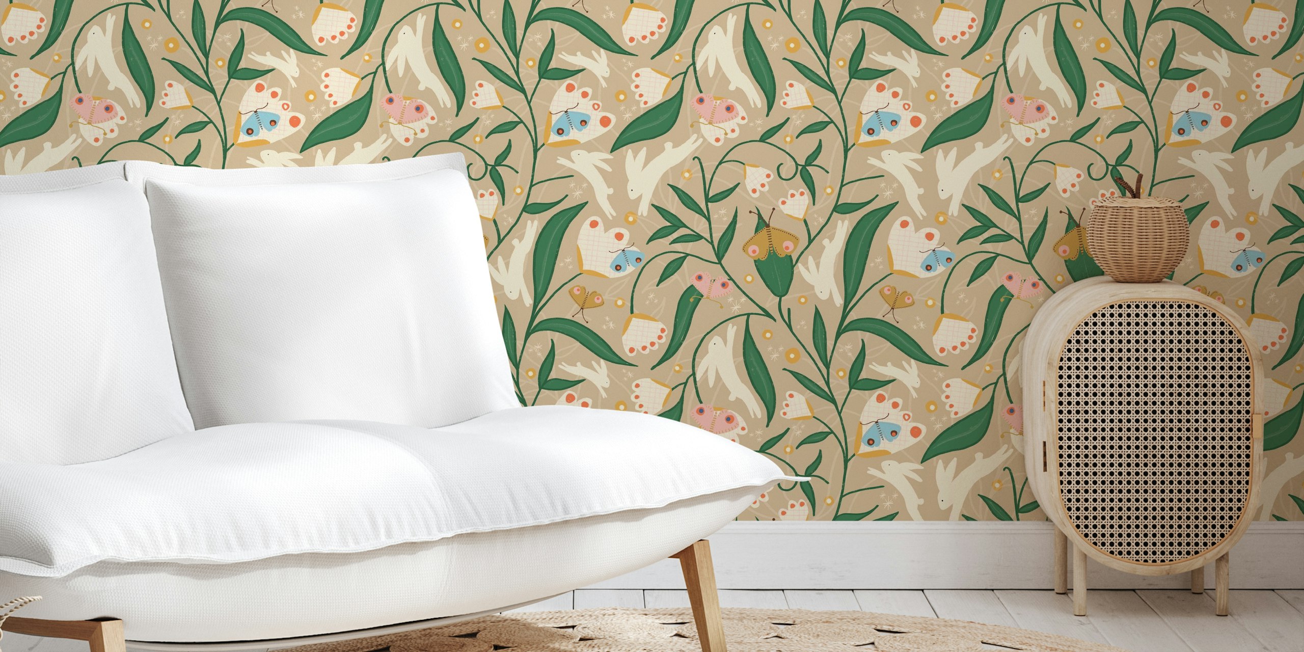 Whimsical floral design with bunnies and leaves, beige background wallpaper