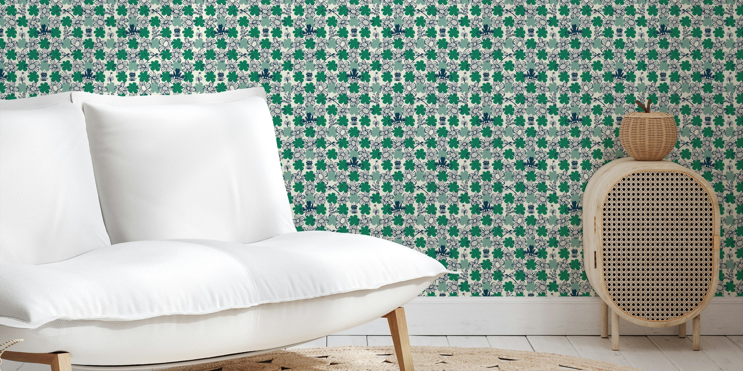 Scandi green floral wallpaper with frog and clover