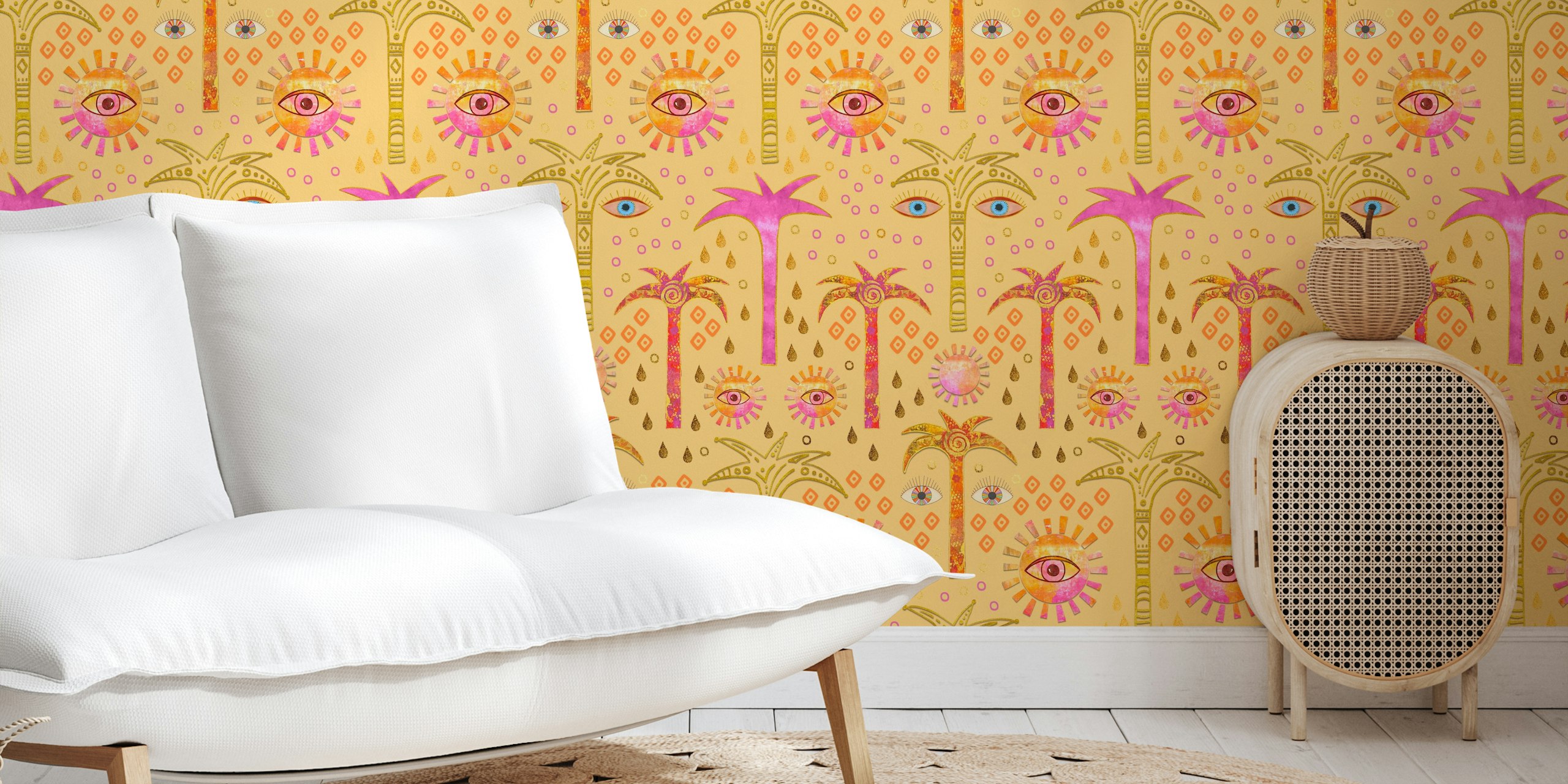 Surreal Oriental Mystic wall mural with magic eyes and palms on a yellow background