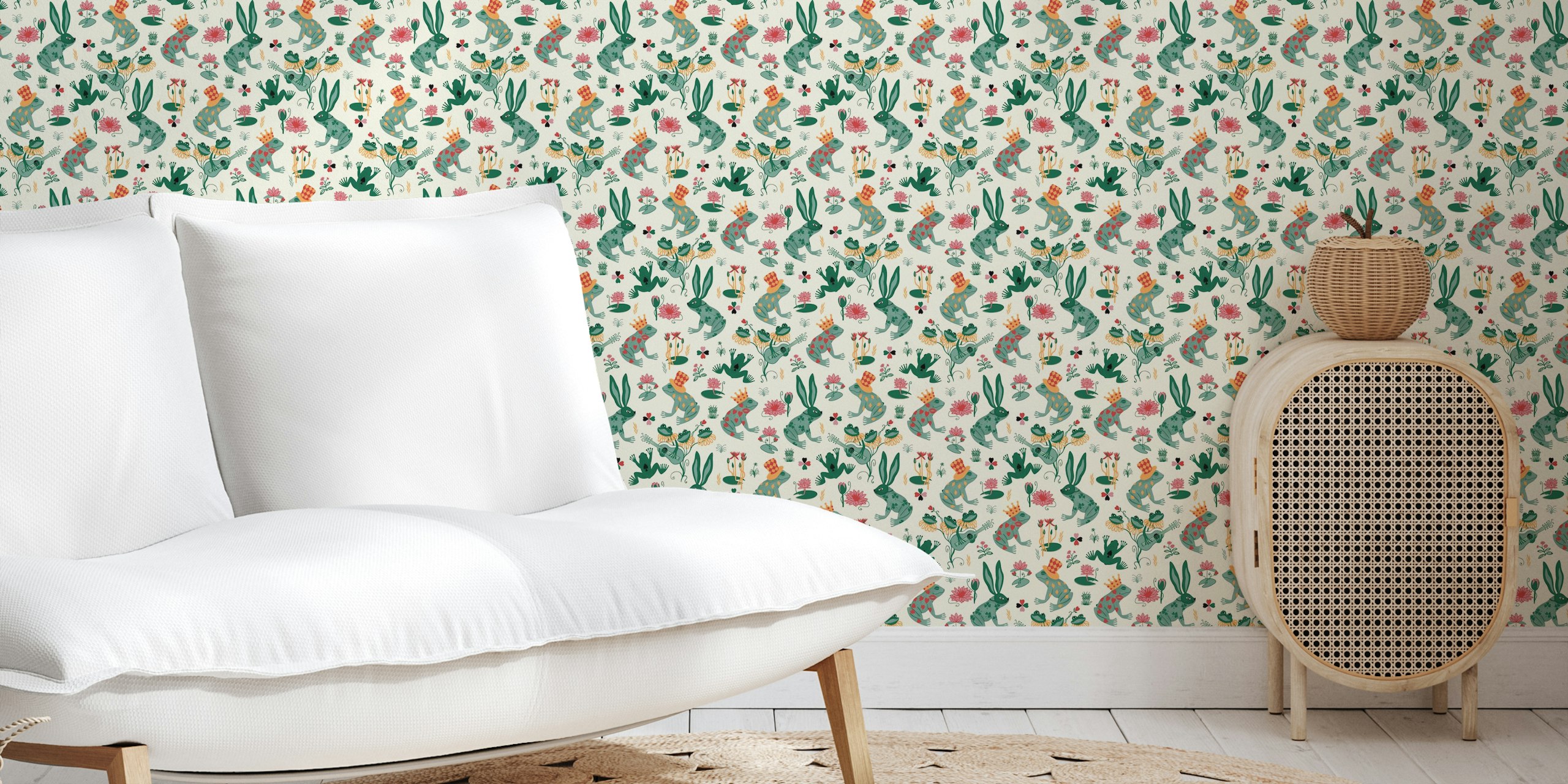 Carnaval de grenouilles coloré avec fleurs et lapins, style ludique wallpaper