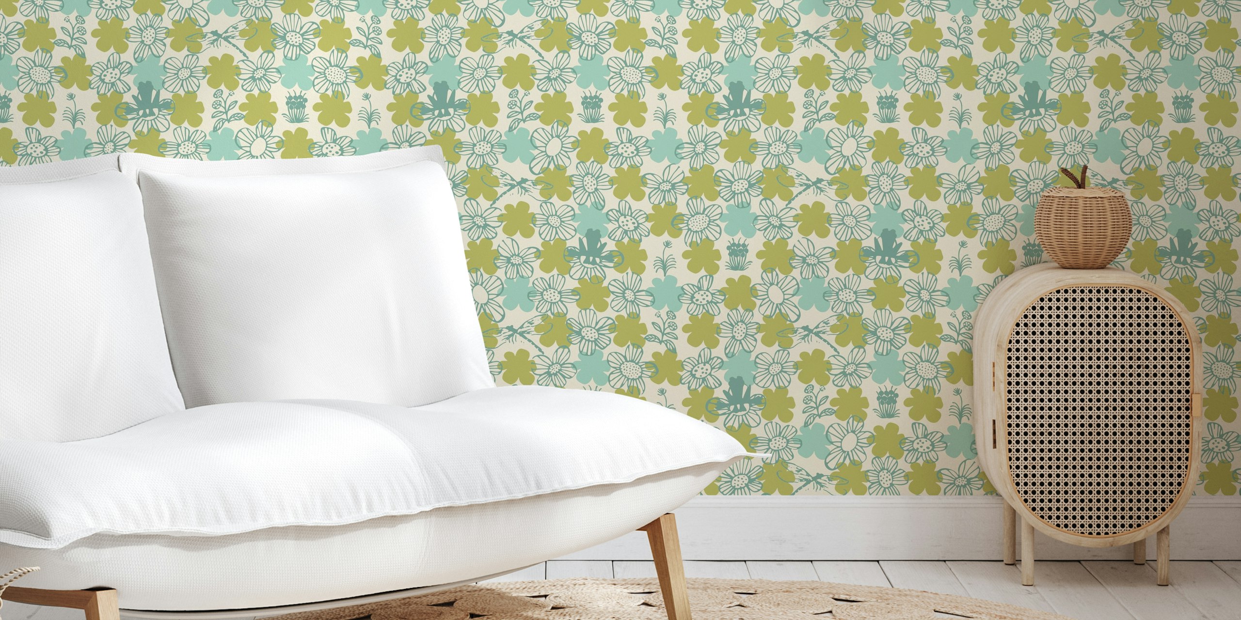 Blue and green floral pattern on cream wallpaper