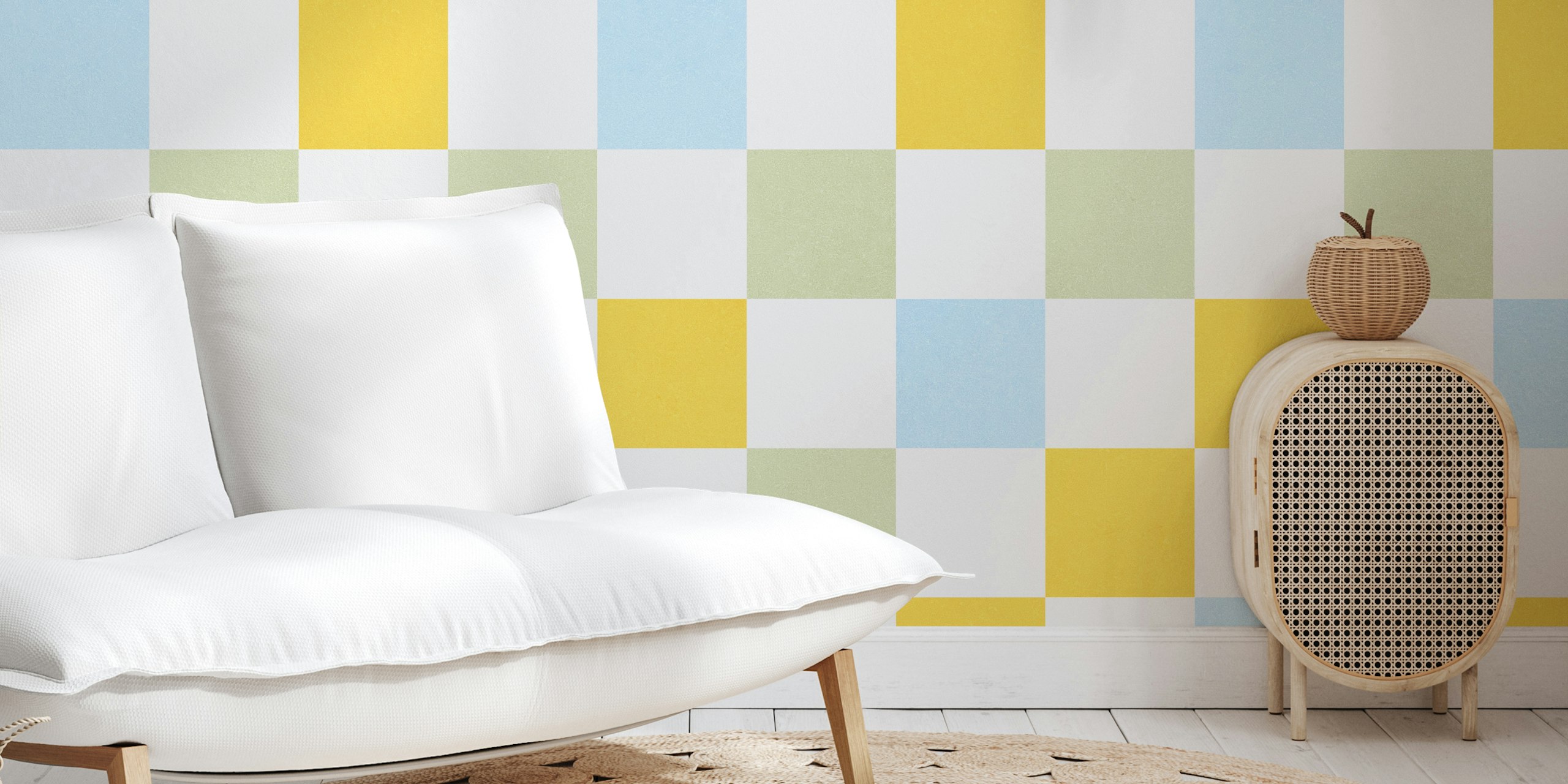 Retro Pastel Checkered Wall Mural in Sunny Green, Yellow, and Blue