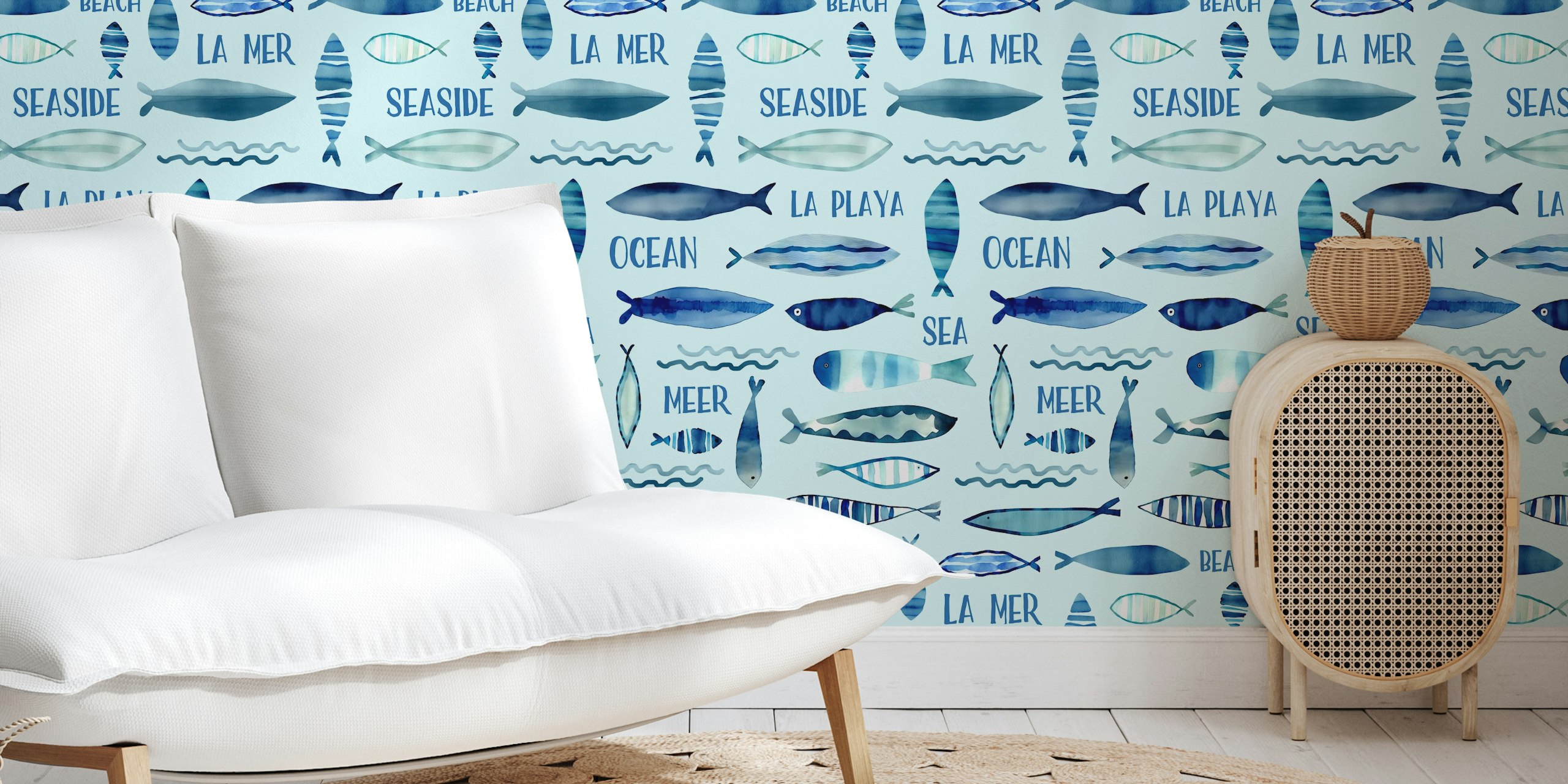Whimsy watercolor fish wallpaper in a room