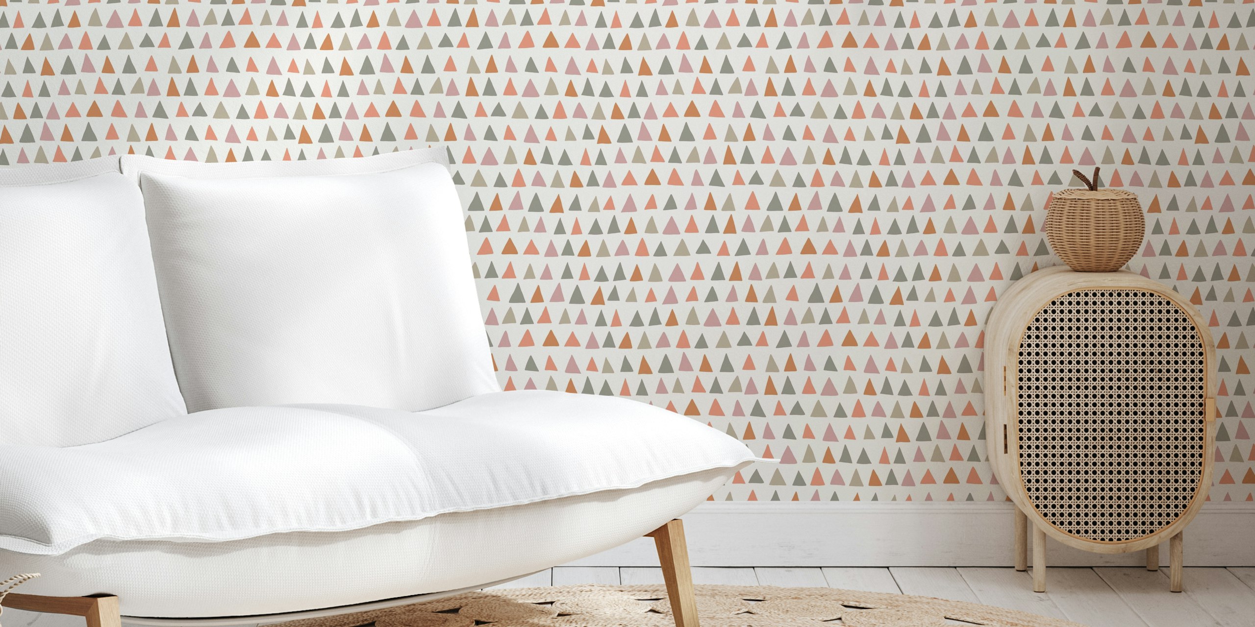 Colorful triangle pattern in peach, gray, and cream wallpaper