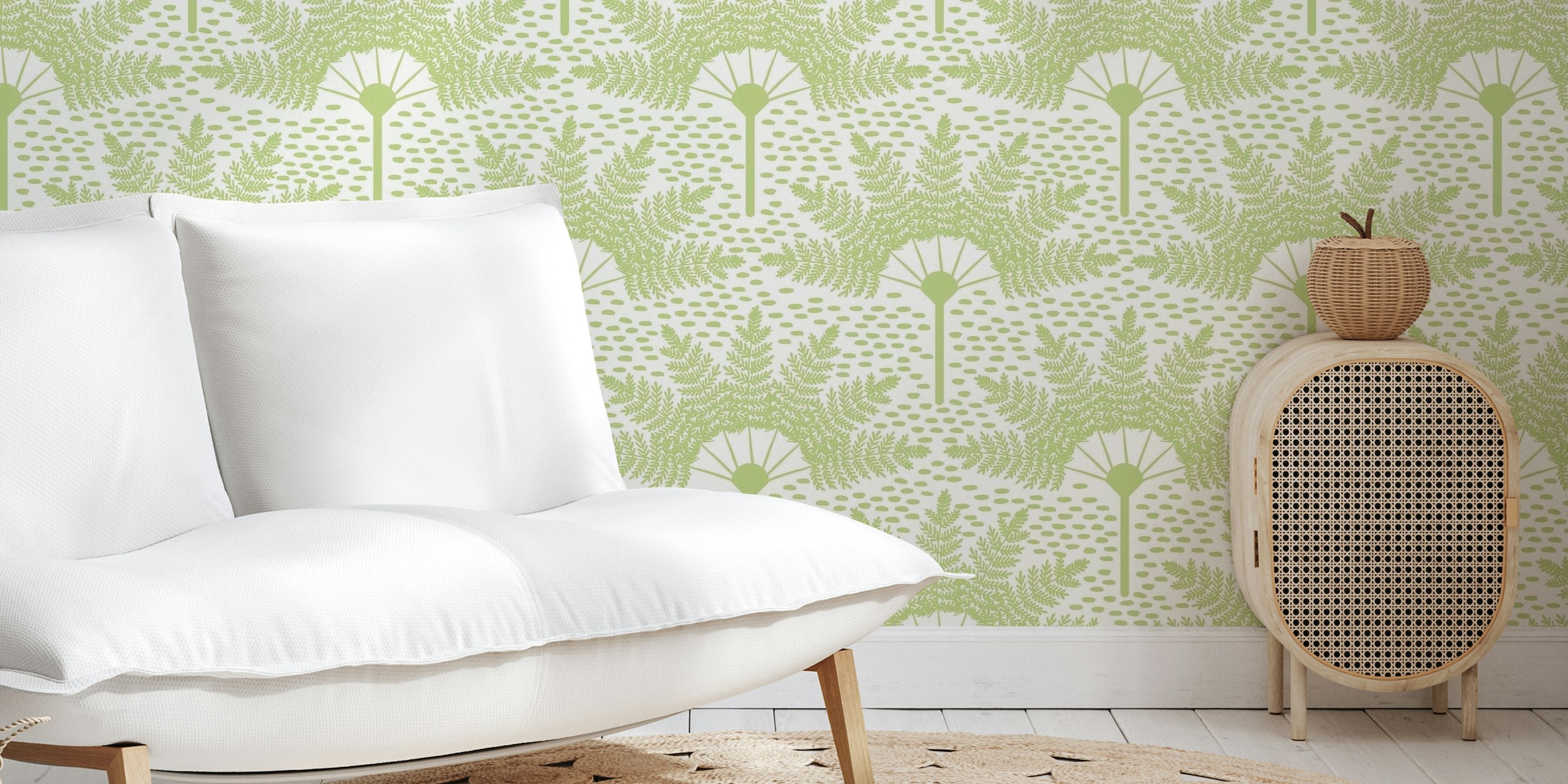 Elegante pastellgrüne Wandtapete mit Palmenmuster für eine moderne Inneneinrichtung