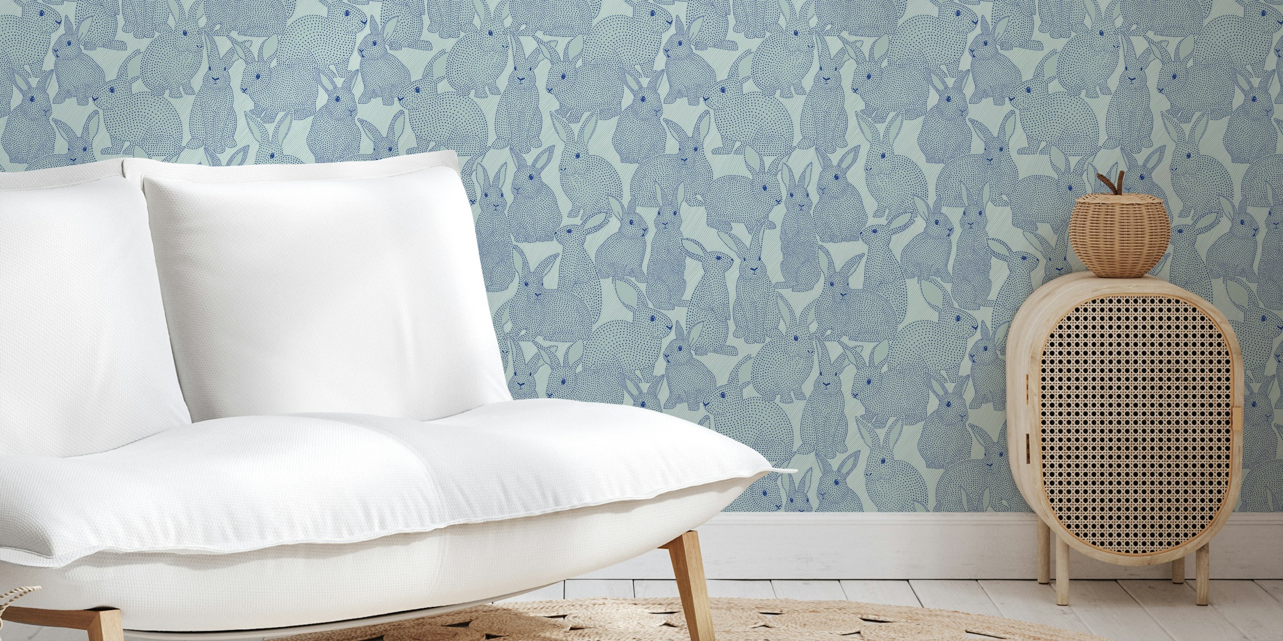 Dotted rabbits blue wallpaper in a room
