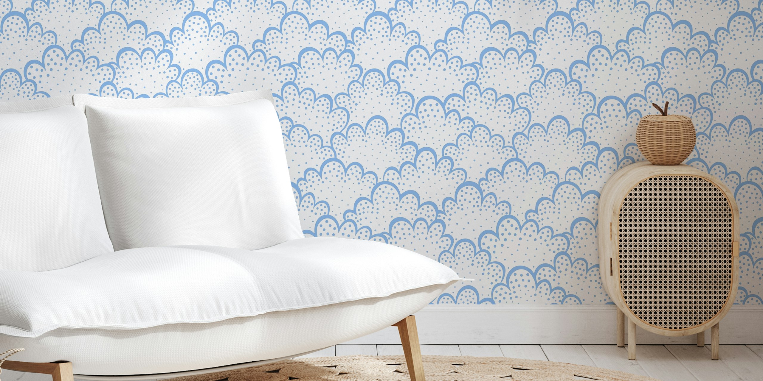 Blue dotted clouds on white background wallpaper