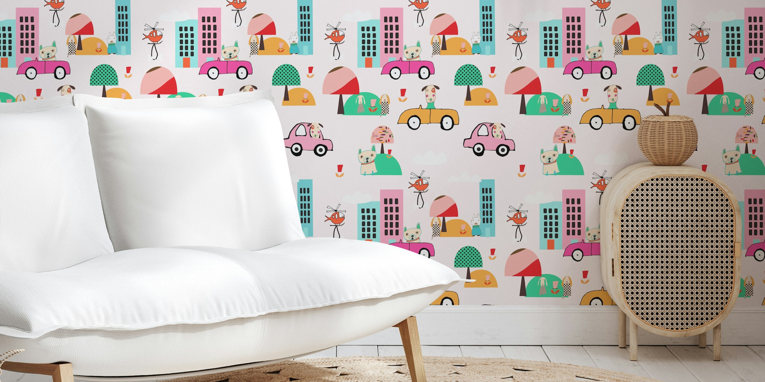 Cute dogs driving in a pink city wallpaper