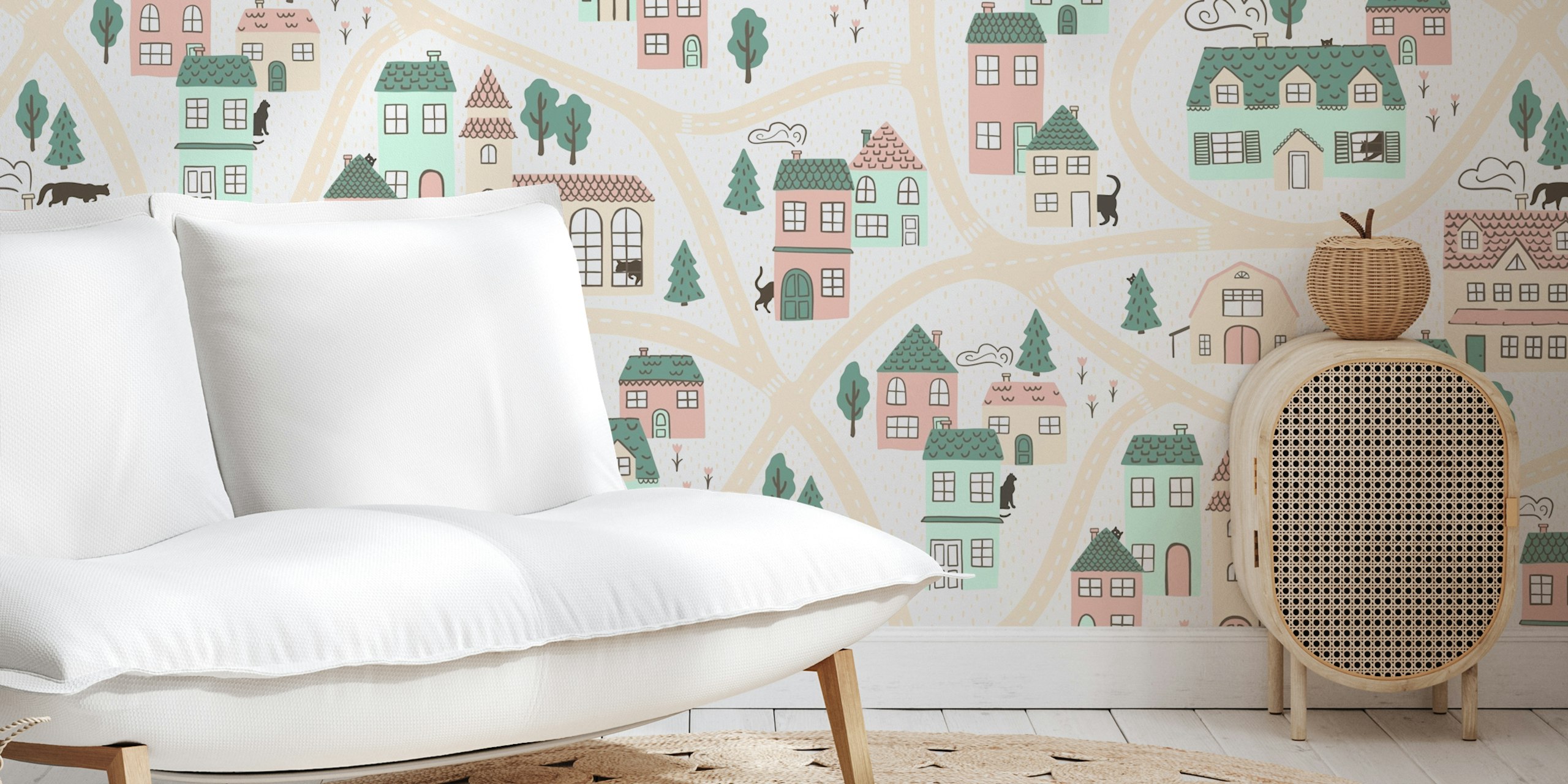 Huisjes en katten in pastelkleuren behang