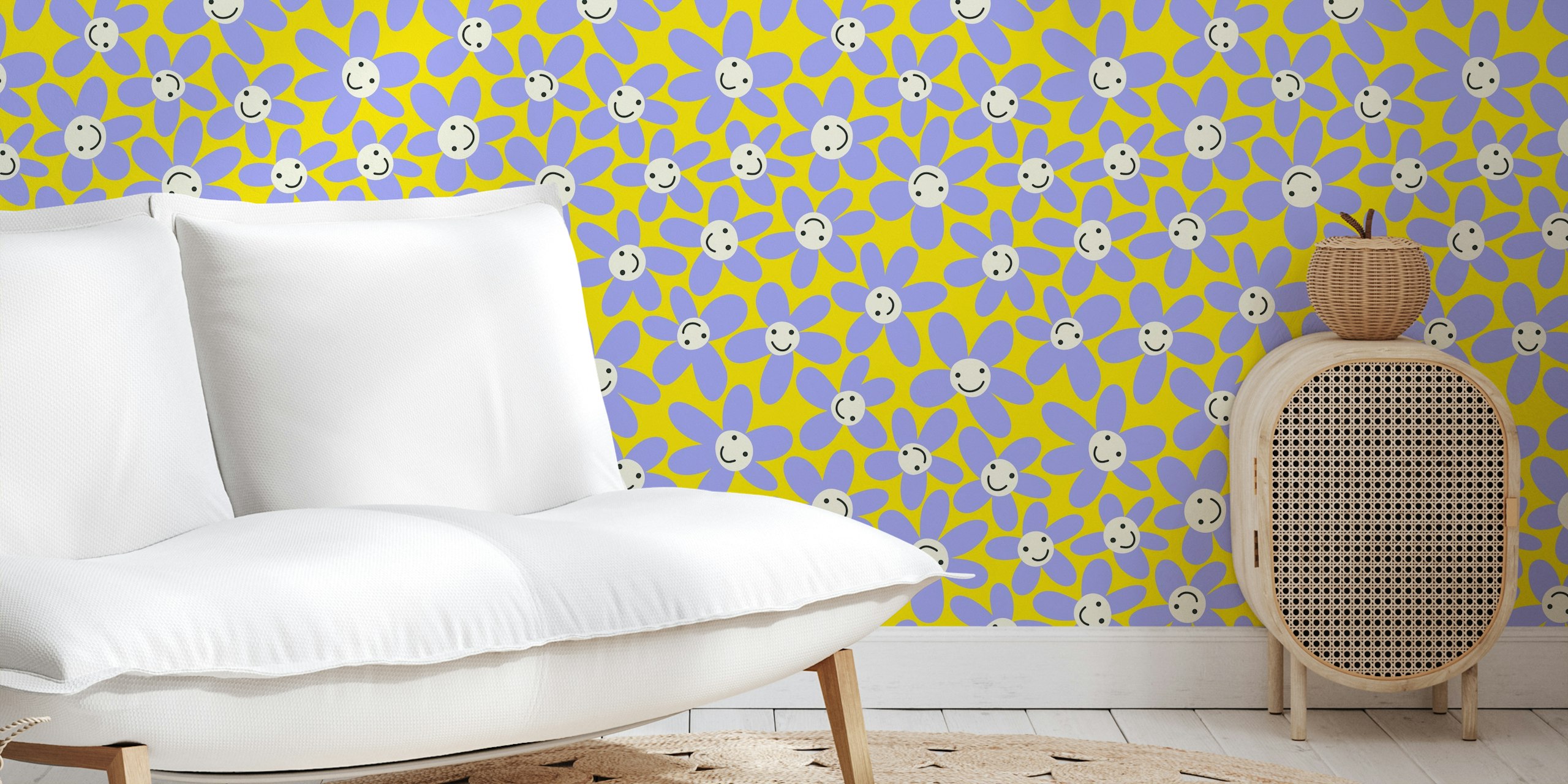 Purple daisies with smiley faces on a bright yellow background wallpaper