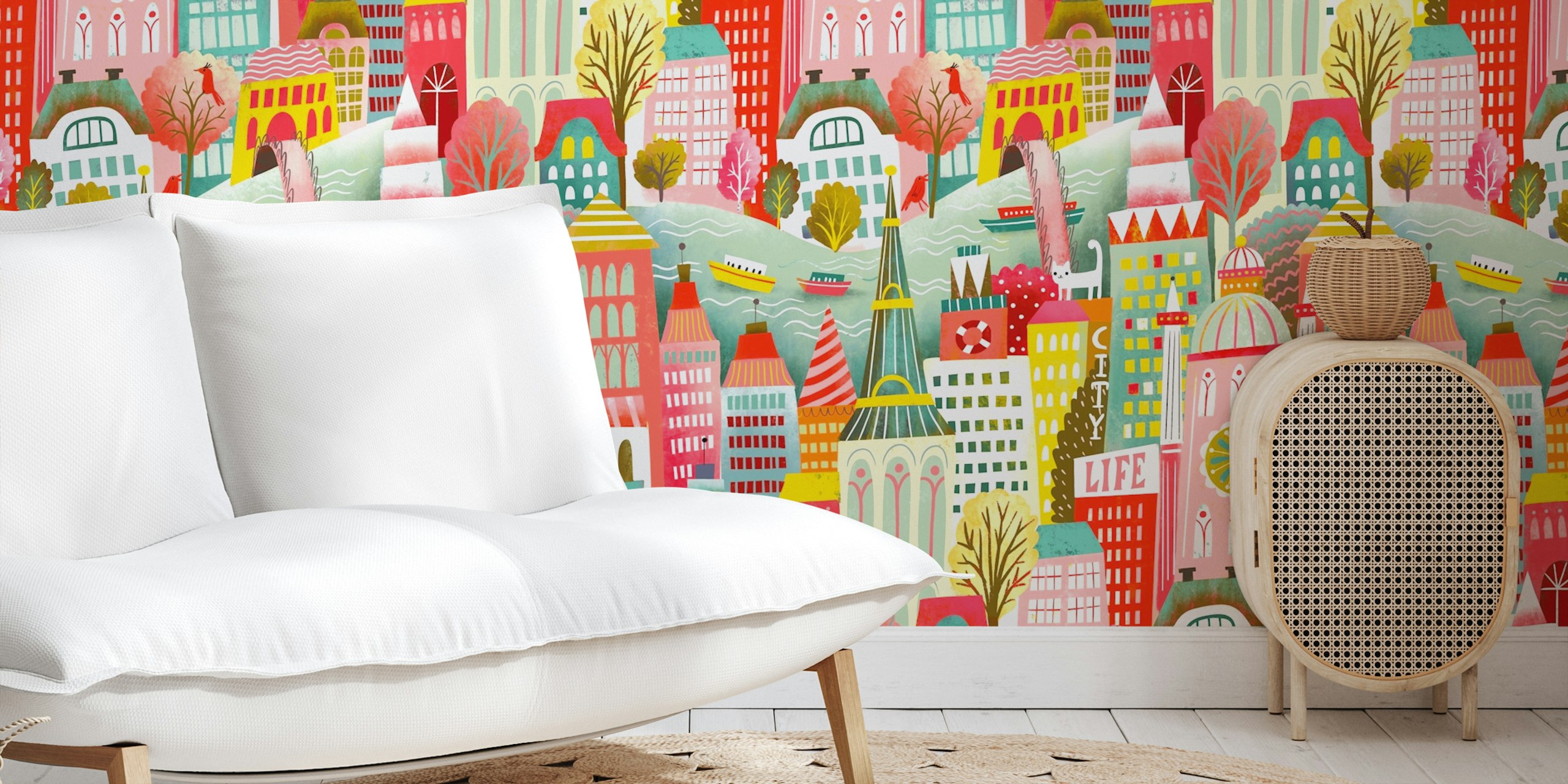 papel de parede river city life em um quarto