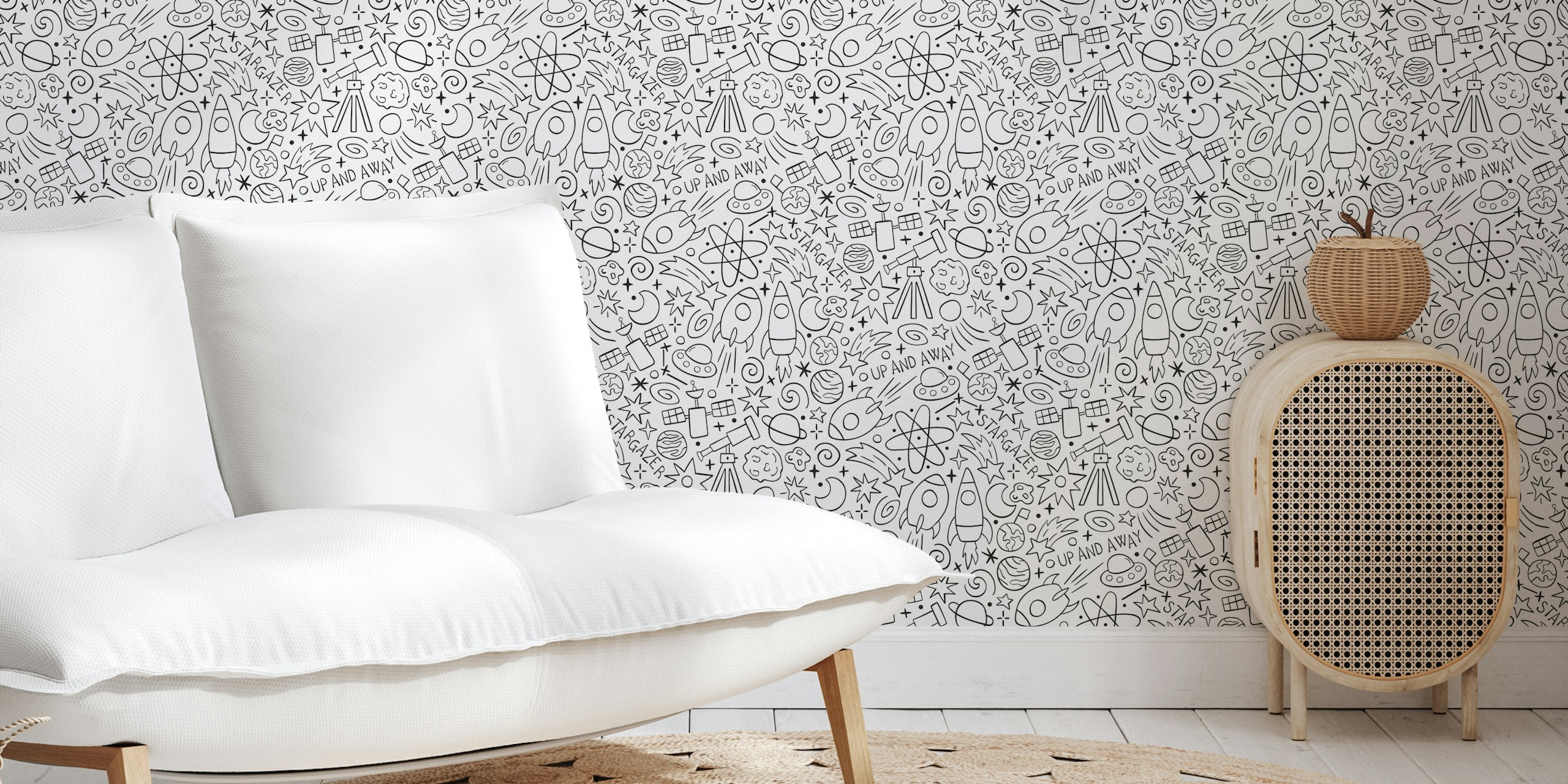 Whimsical wallpaper design with doodles in a room