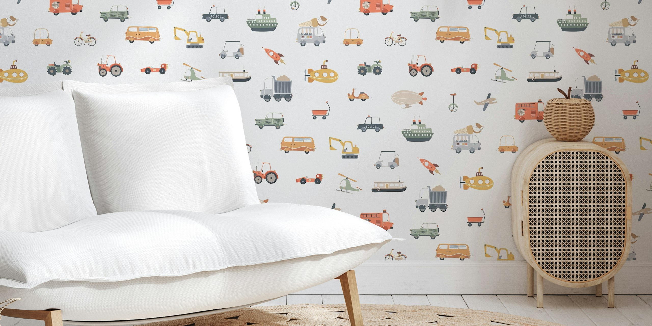 Kids vehicles wallpaper featuring colorful cars, boats, and planes on cream background