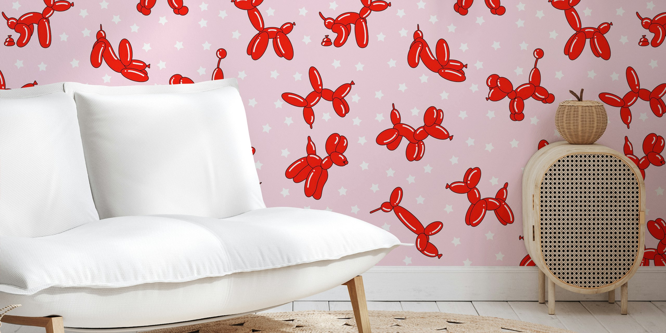 Papier peint mural sticker de chiens ballon rouge sur fond rose