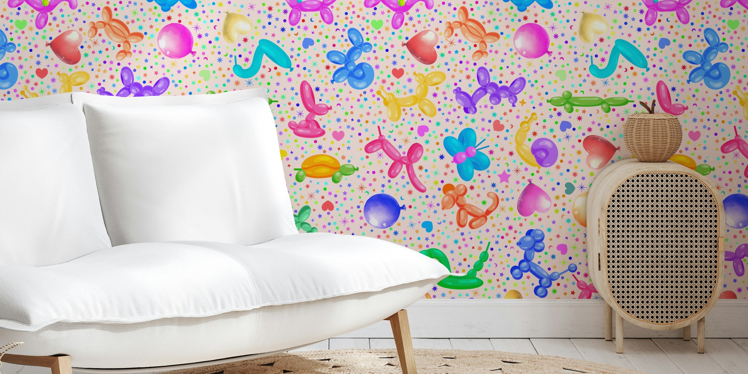 Papel pintado de Balloon Animals with Dots and Stars 3 peach en un entorno de habitación