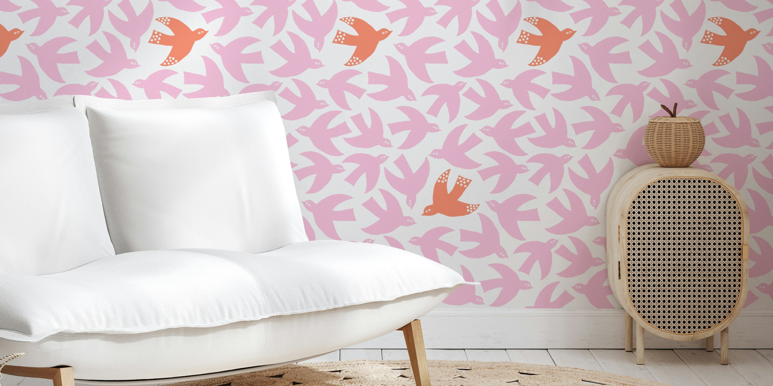 Colorful pink and orange paper cut bird pattern wallpaper