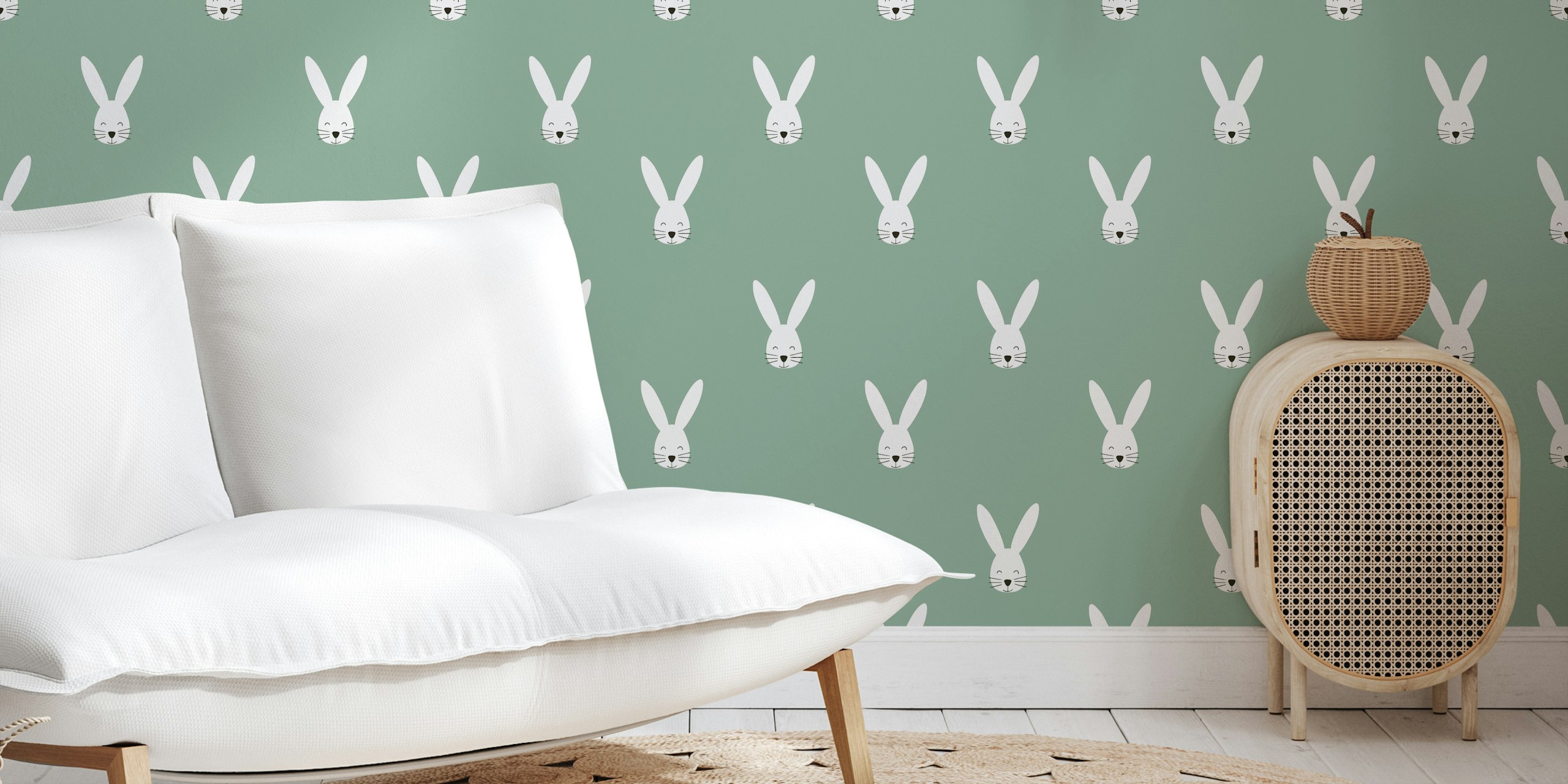 Happy Bunny sage green wallpaper in a room