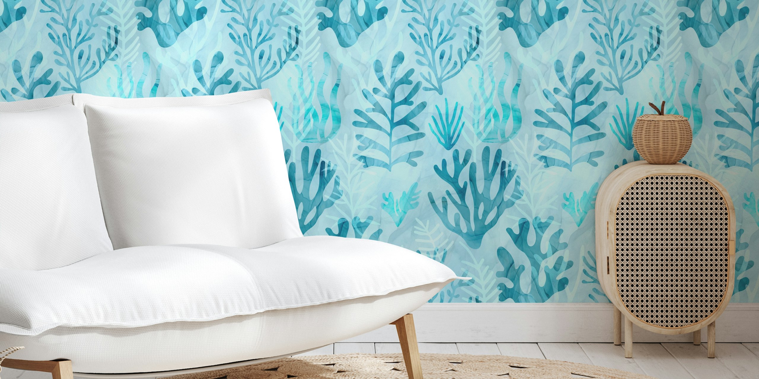 Papier peint motif sous-marin en corail teal.