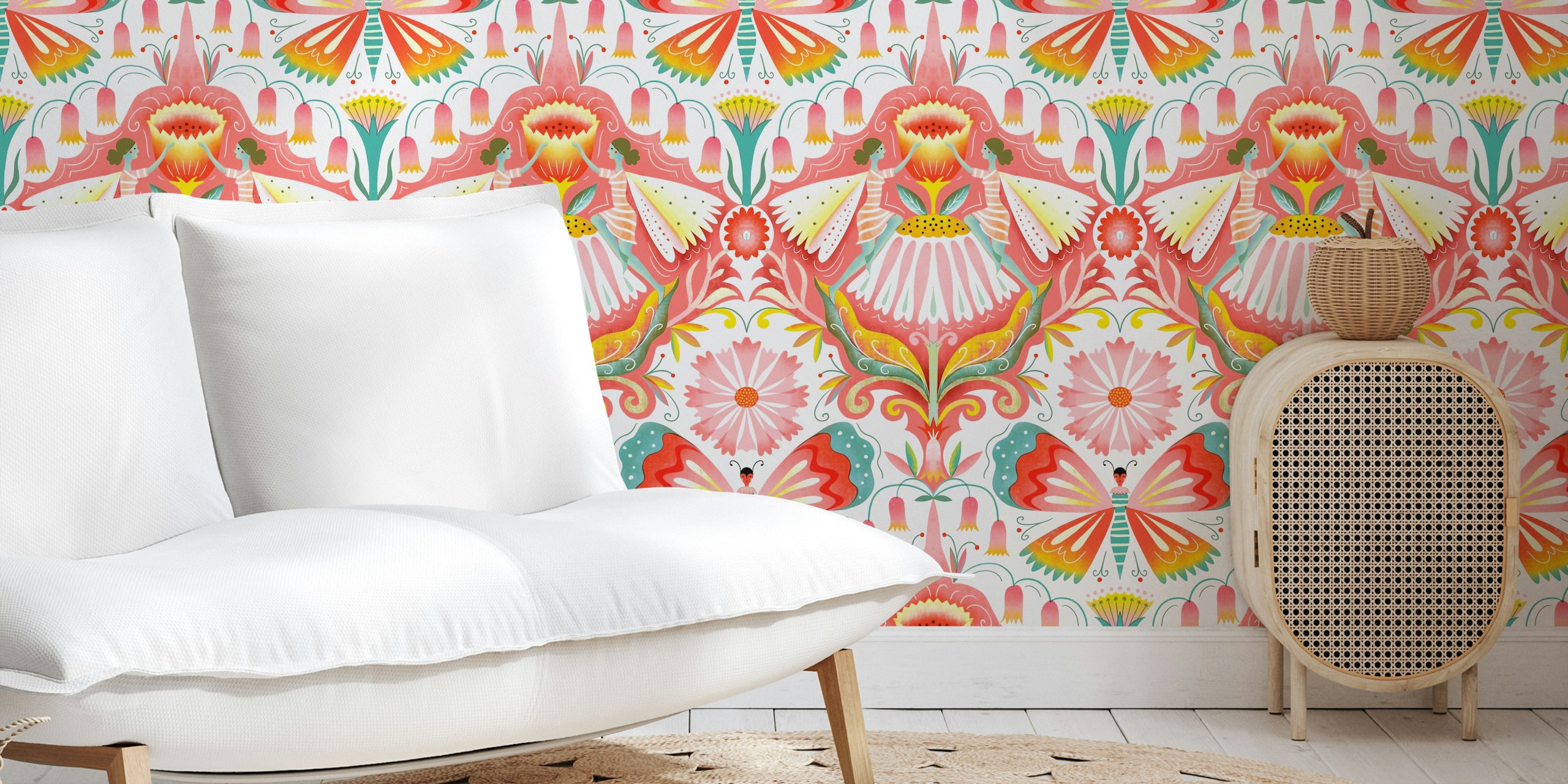 Bloemen en feeën patroon in heldere kleuren op witte achtergrond, damask wallpaper