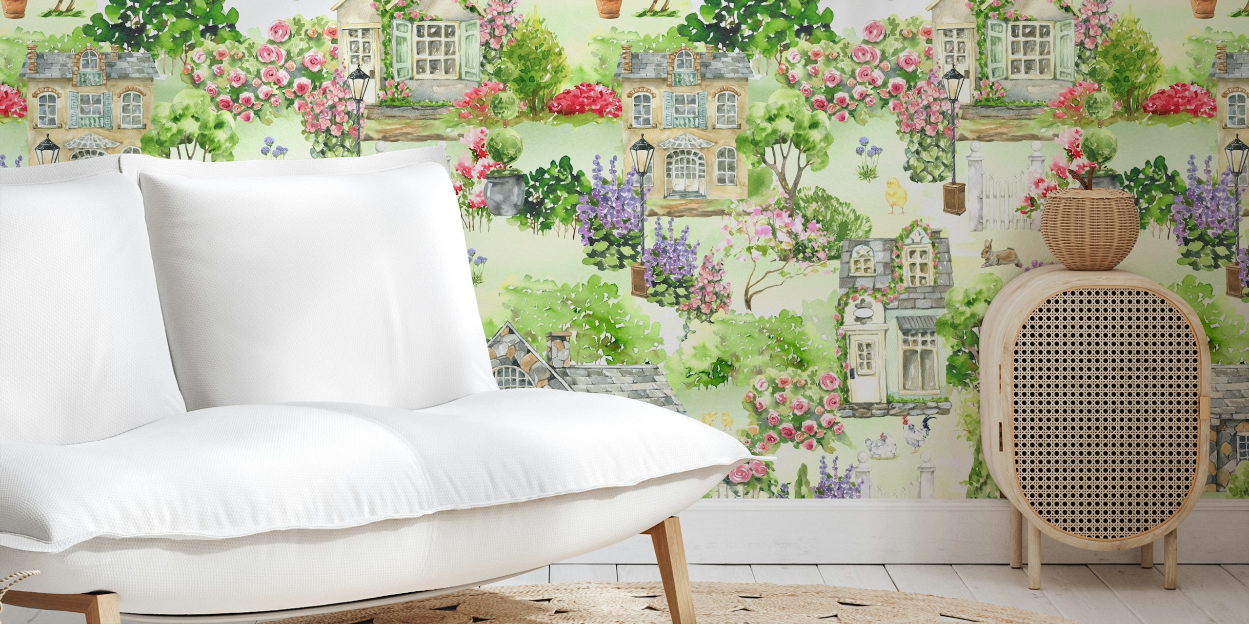 Garden landscape wallpaper in a room