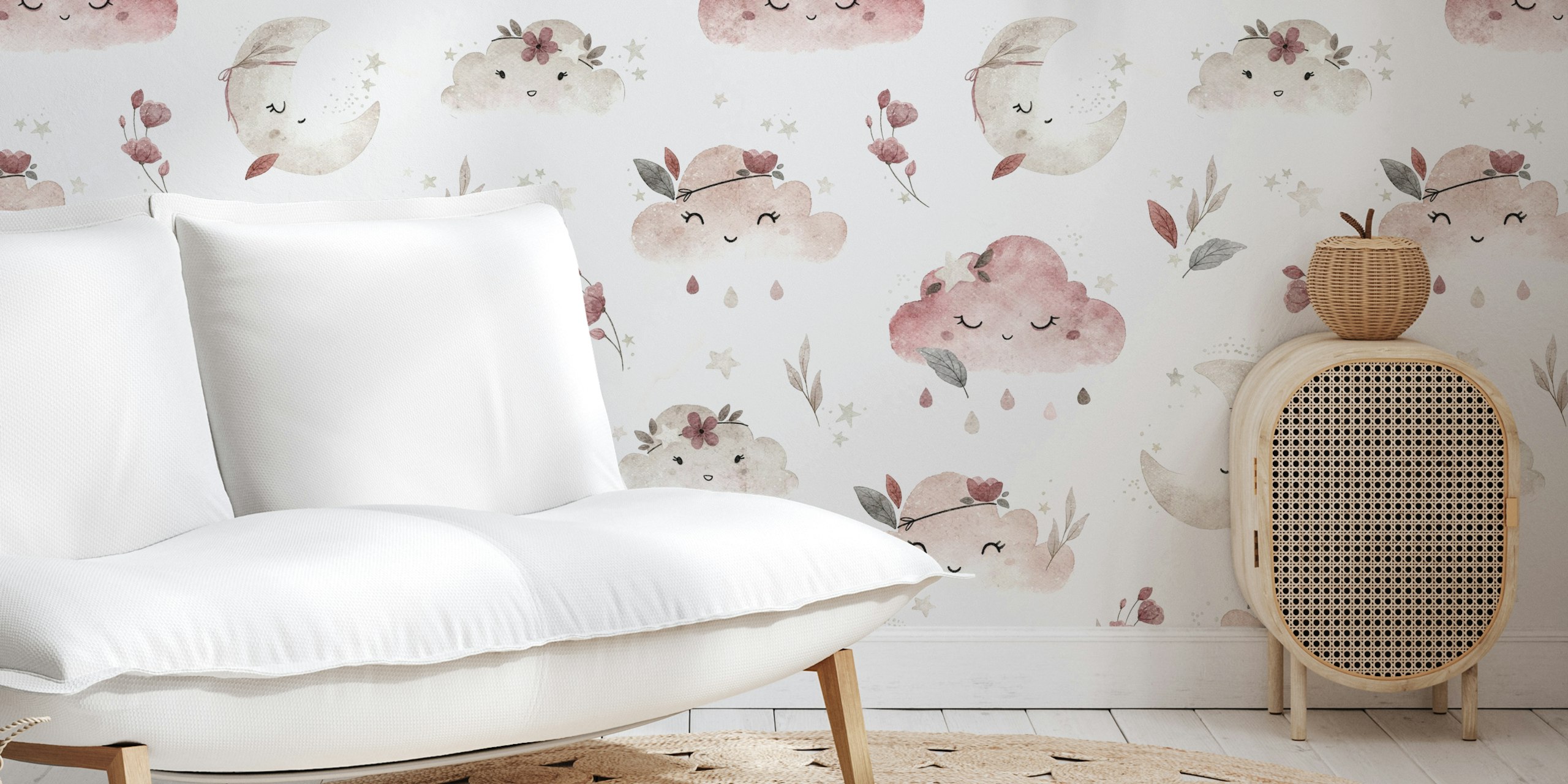 Boho style clouds and moons in rose tones wall mural