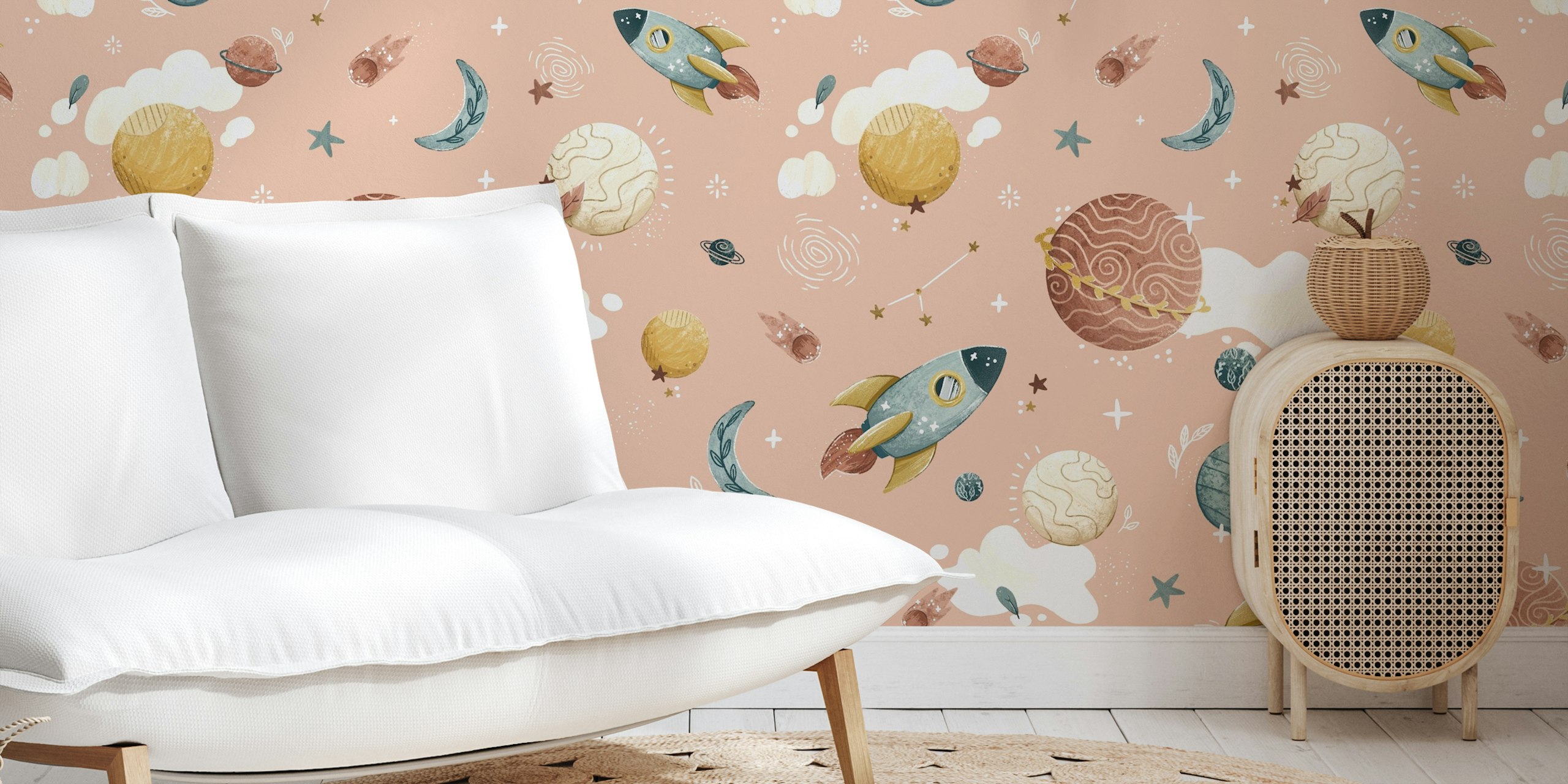 Boho Dreamscape persikofärgad tapet i ett rum