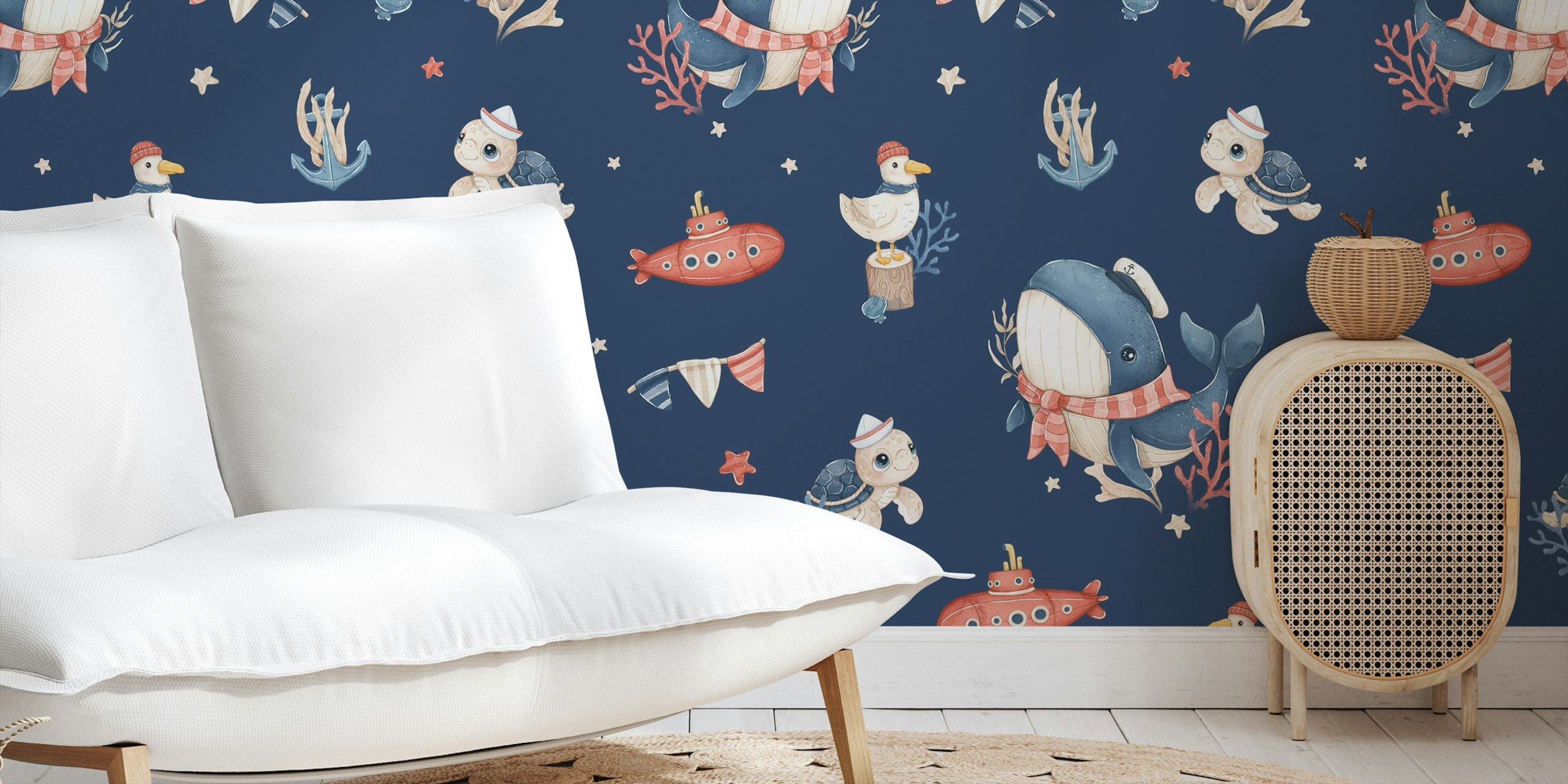 Nautical themed wallpaper with whales and turtles