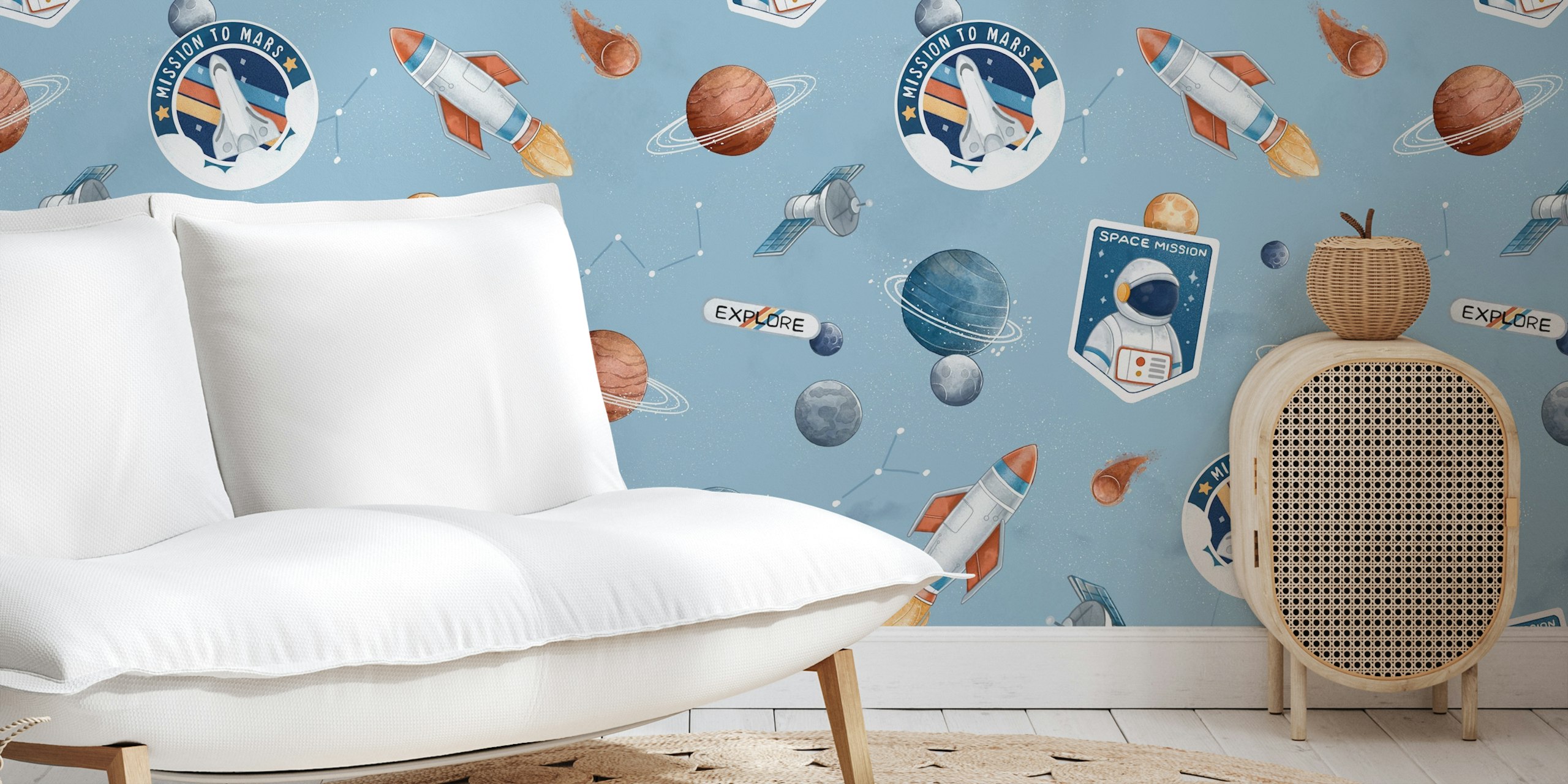 Rockets, planets, and space elements on blue wallpaper