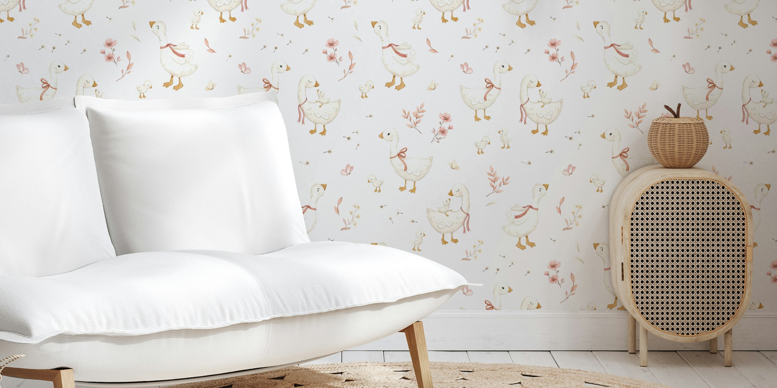 White geese with pink ribbons and flowers on white wallpaper