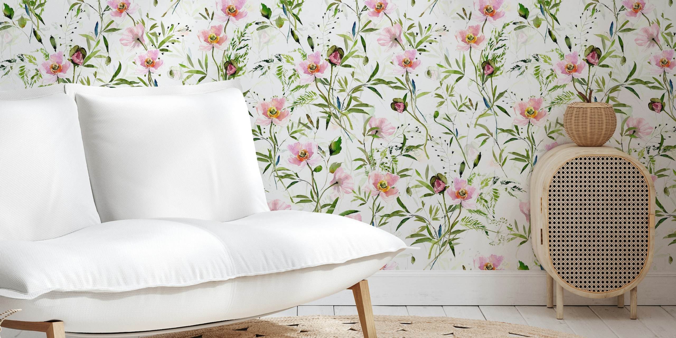 Pink floral pattern with greenery on white wallpaper