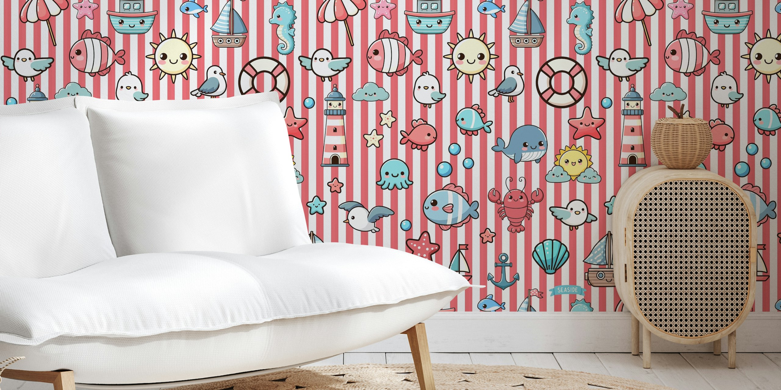 Kawaii sea pattern featuring colorful maritime elements against red stripes wallpaper
