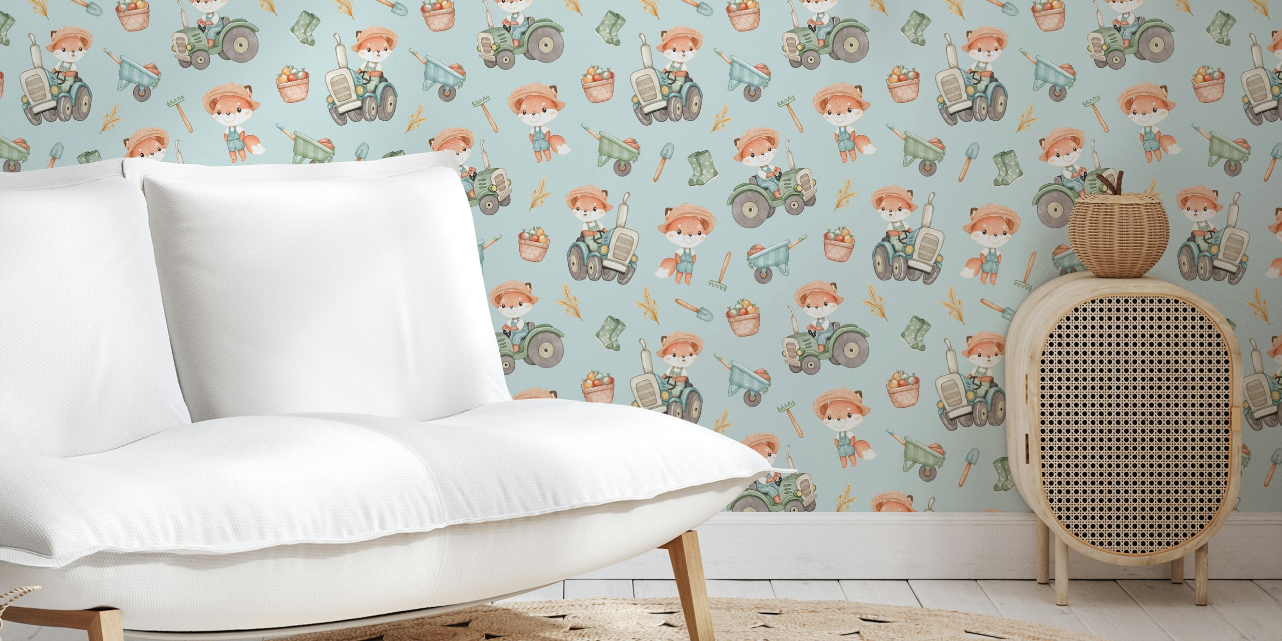 Cute fox farmer illustrations in blue, green and orange colors wallpaper