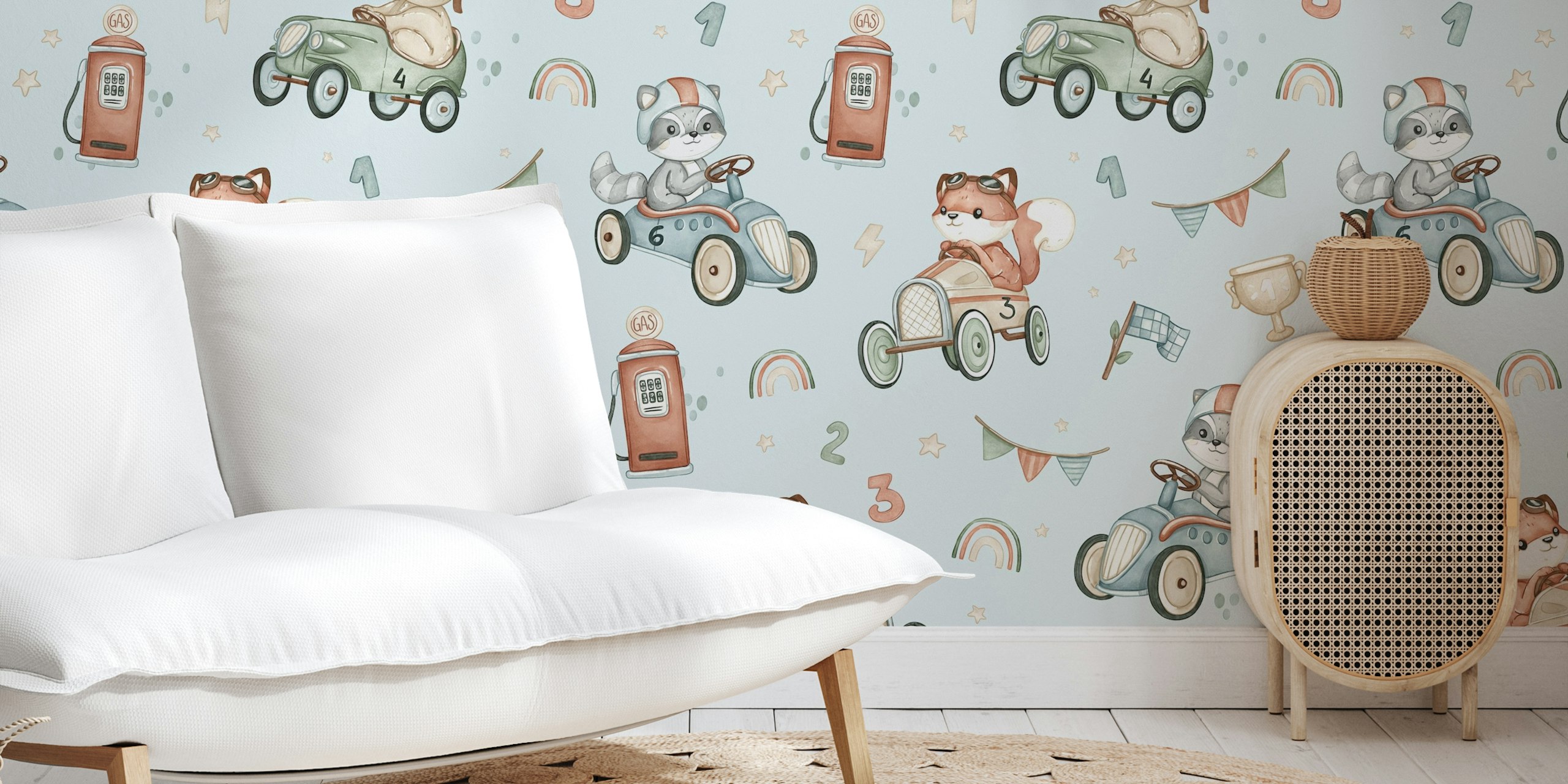 Woodland Race blue Tapete in einem Raum präsentiert