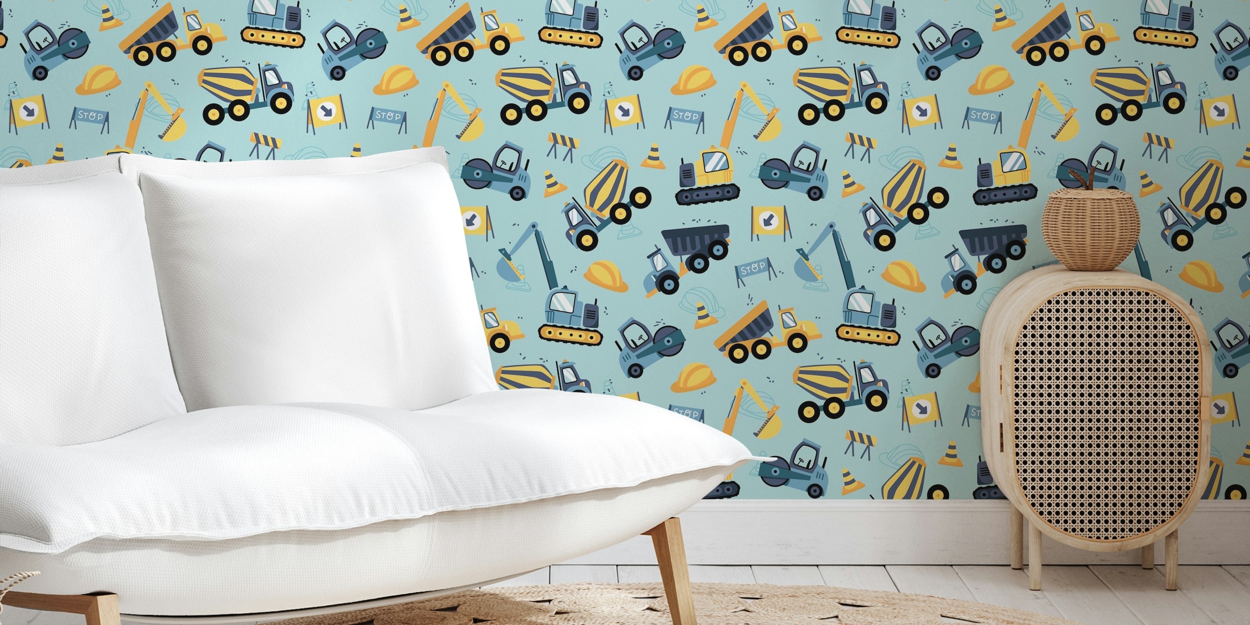 Camera dei bambini con carta da parati Construction Vehicles