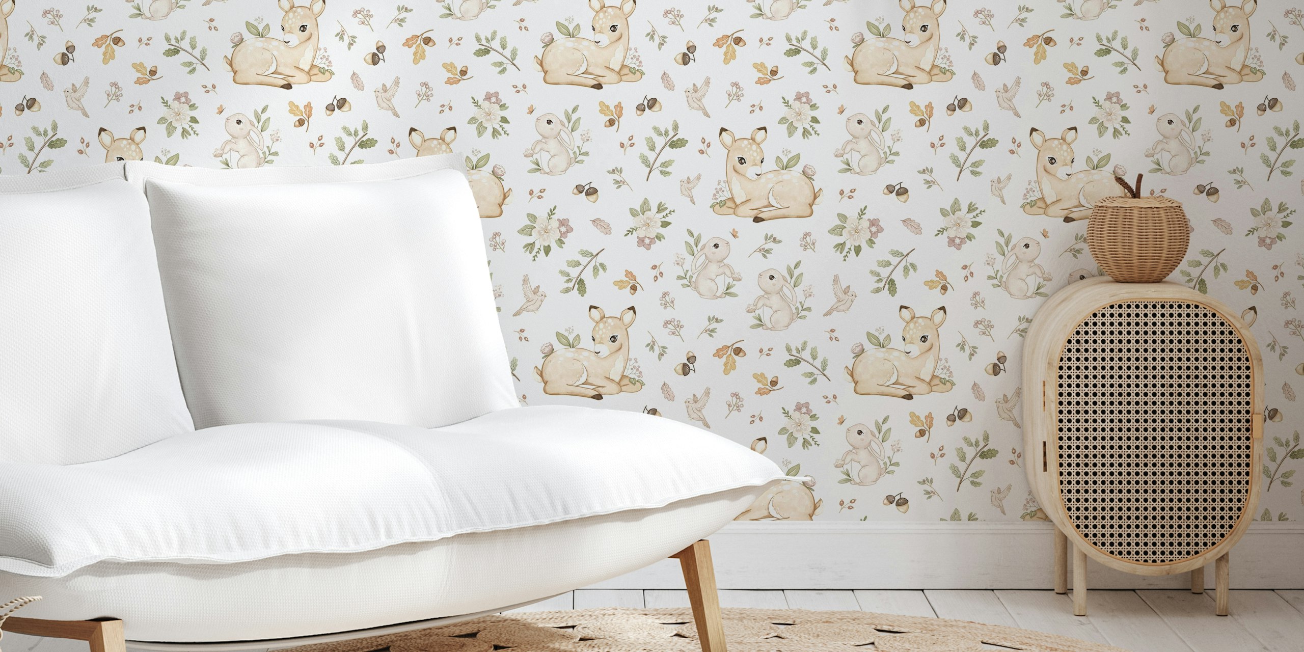 Cute woodland animals featuring deer and rabbits with floral motifs in soft pastel colors wallpaper
