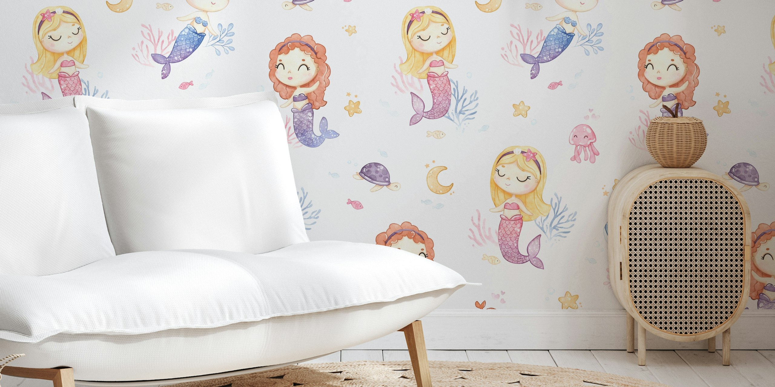 Cute mermaids, sea creatures, and seashells on white wallpaper