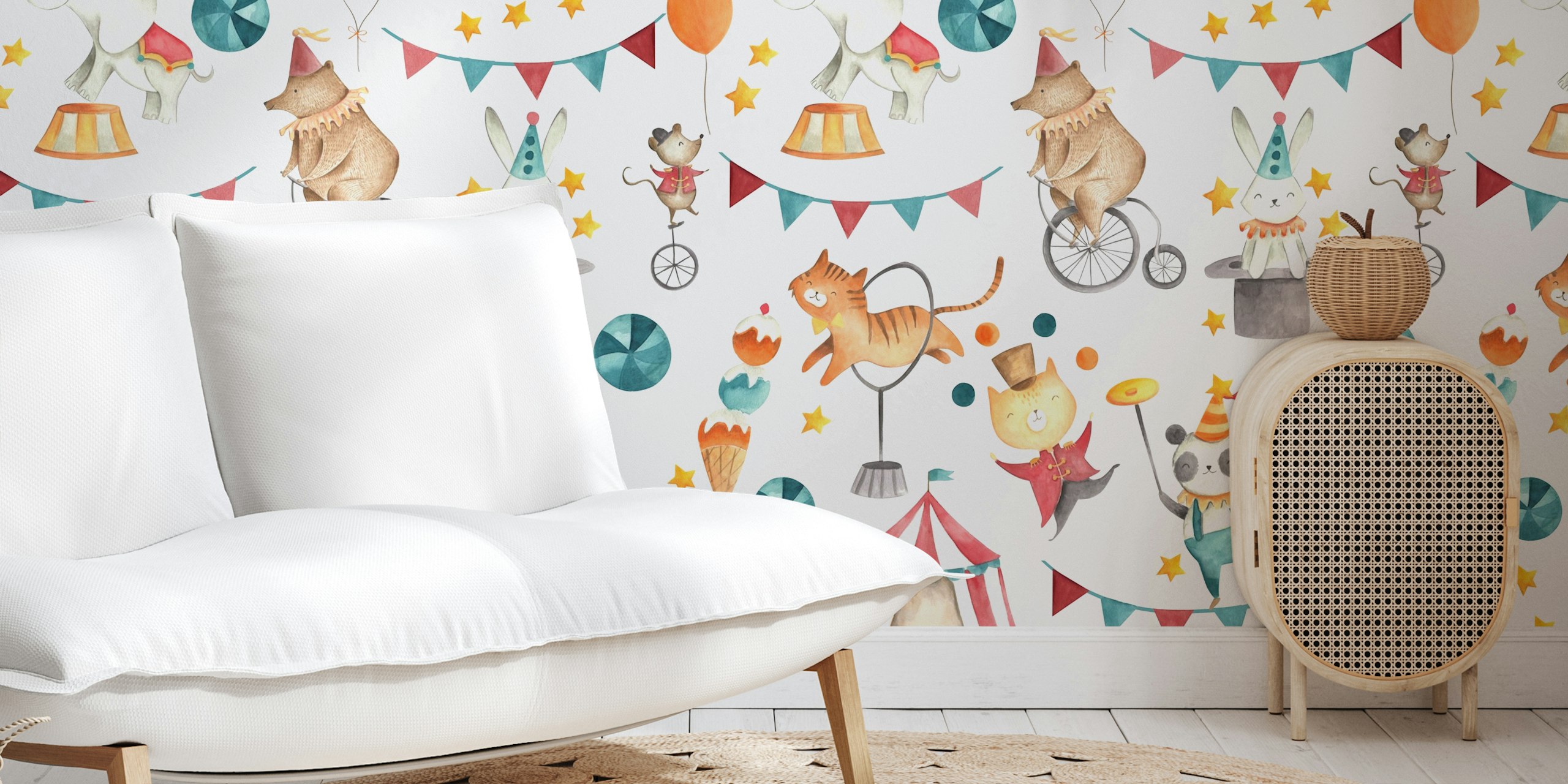 Colorful circus animals pattern with balloons and stars wallpaper